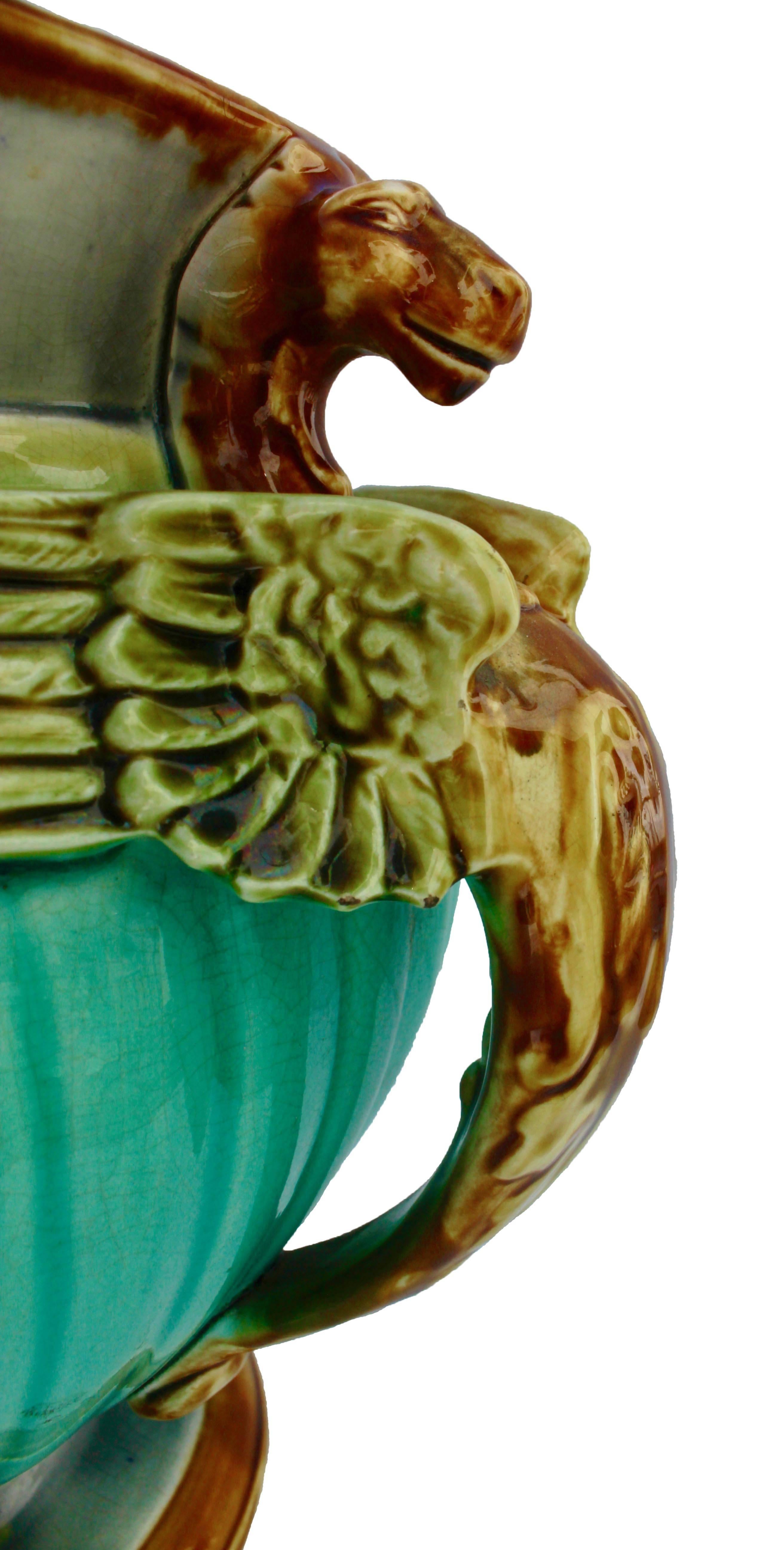 Early 20th Century Art Nouveau Majolica Glazed Jardiniere with Flying Dragon Handles, circa 1920