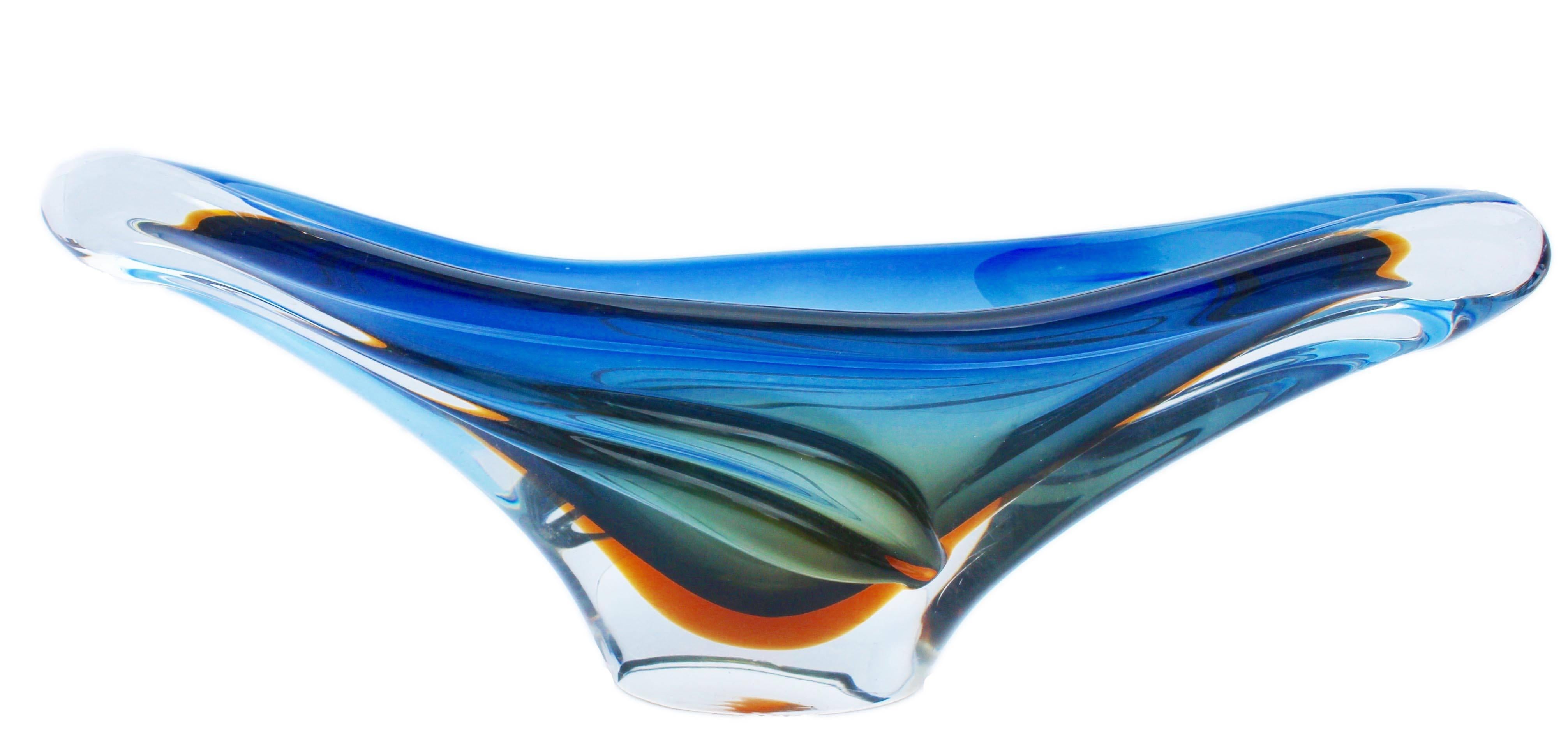 20th Century Set Murano Glass Bowls with Folded Edges, Color Blue and Yellow