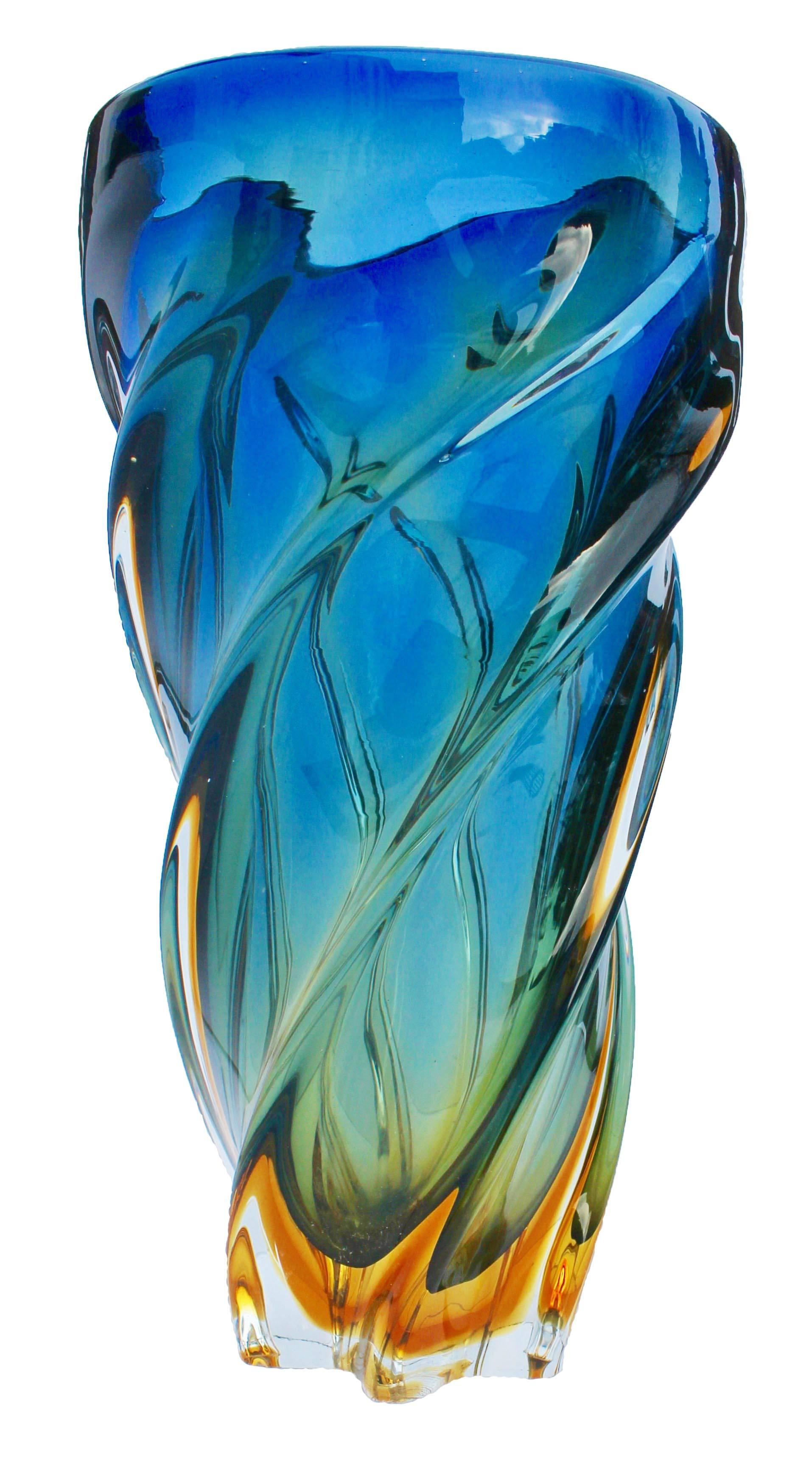 Mid-Century Modern Set Murano Glass Bowls with Folded Edges, Color Blue and Yellow