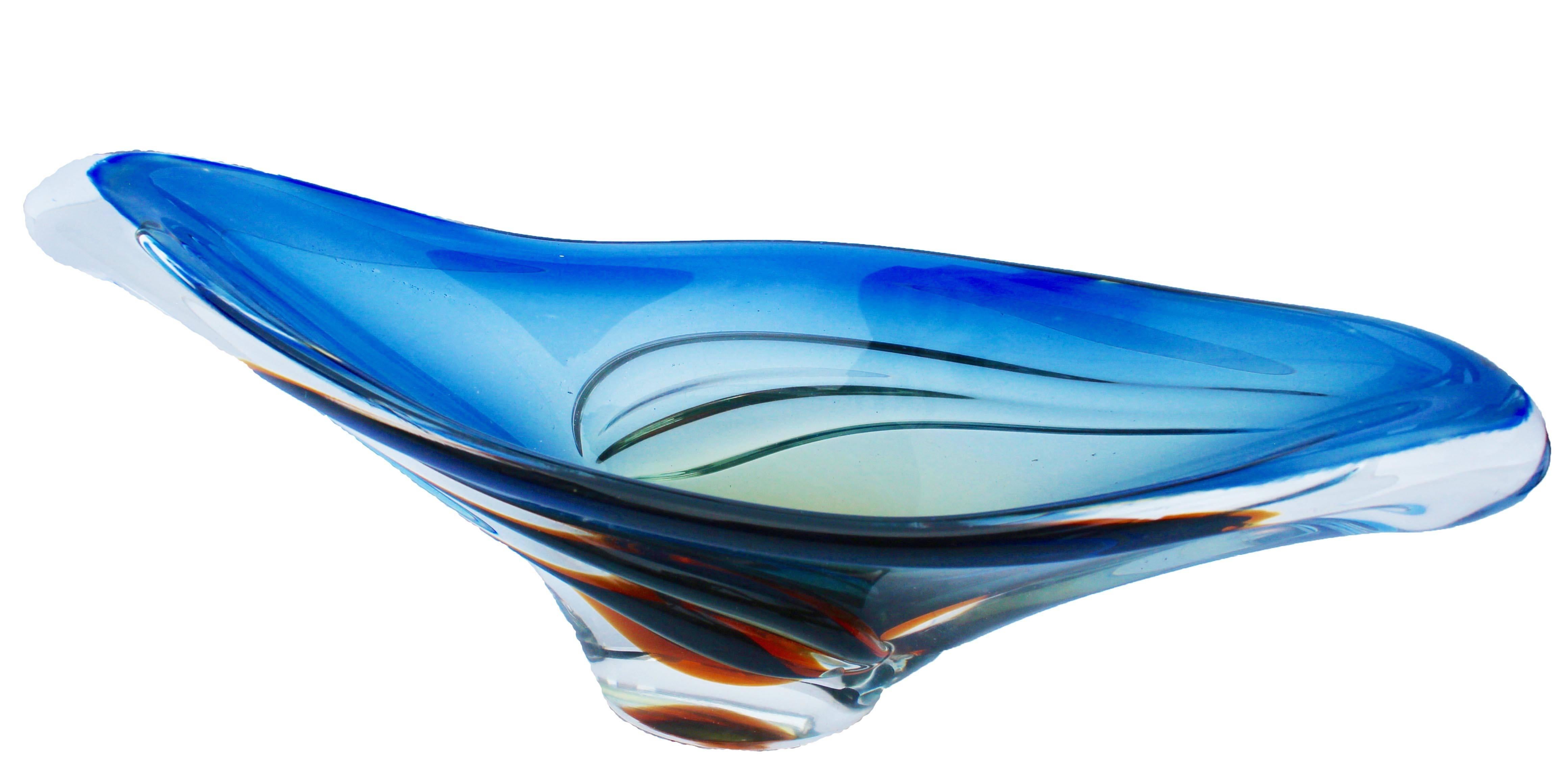 Hand-Crafted Set Murano Glass Bowls with Folded Edges, Color Blue and Yellow