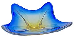Set Murano Glass Bowls with Folded Edges, Color Blue and Yellow