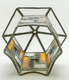 Studio Stained Glass Lantern Chandelier with Iron Chain, Arts and Craft, 1930s
