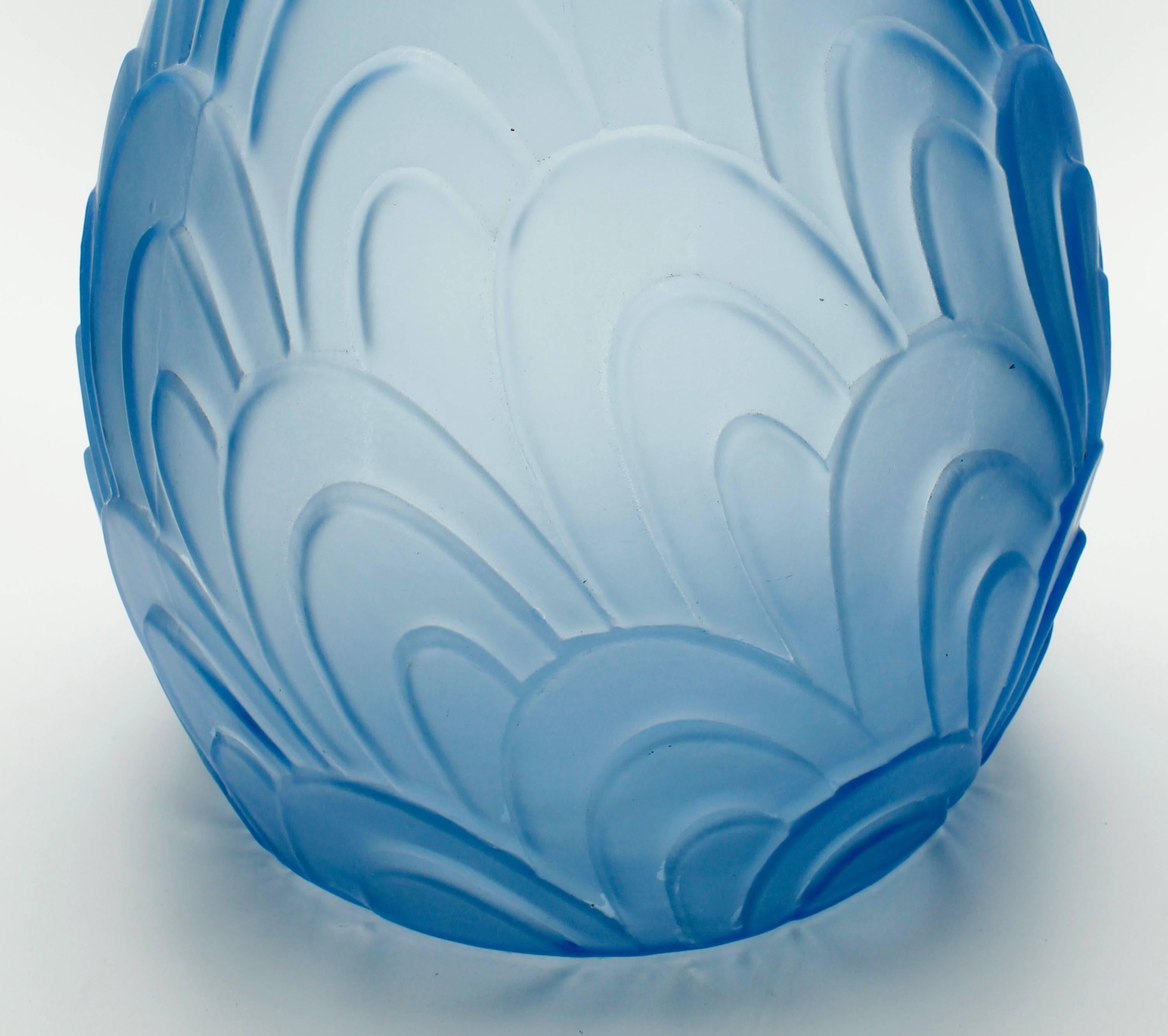 Jugendstil Art Deco Vase, Made of Light-Blue Frosted Pressed Glass, Signed Sars, France