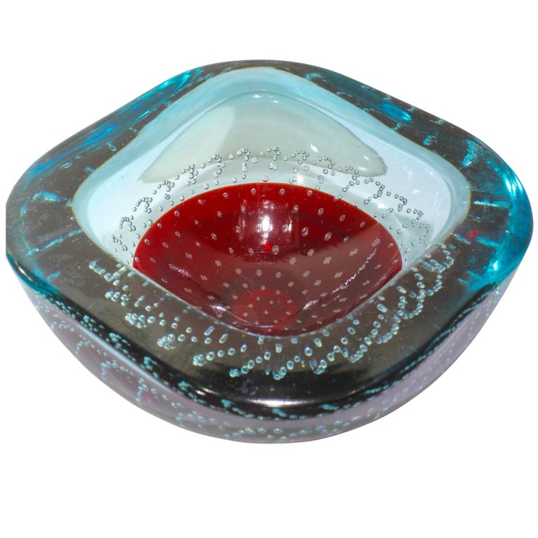 Large Galliano Ferro Red And Blue Controlled Bubbles Murano Glass Large Galliano Ferro Red And Blue Controlled Bubbles Murano Glass Bowl For