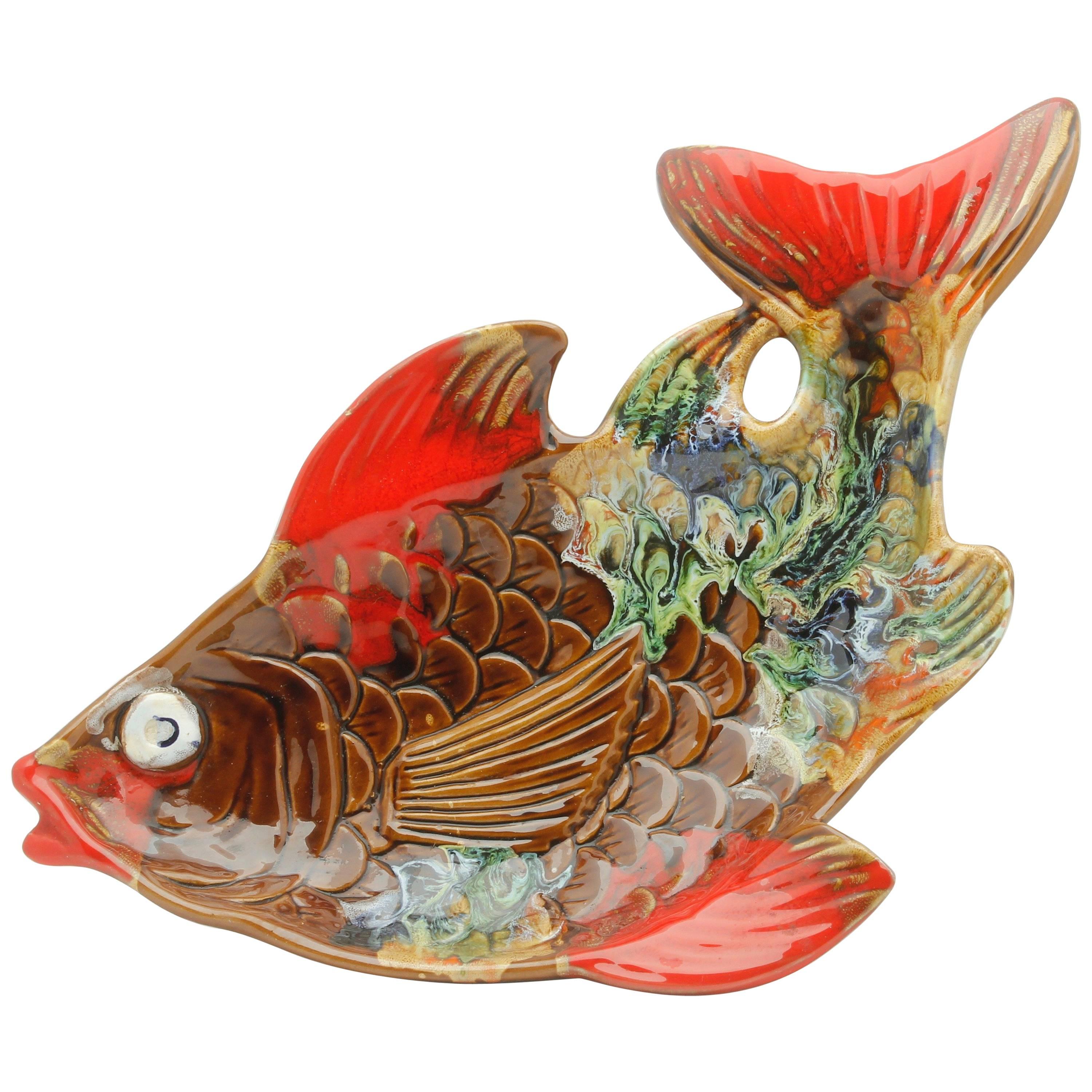 Vallauris 'France' Pottery Ceramic Fish Shape in Colors Red and Brown and Green