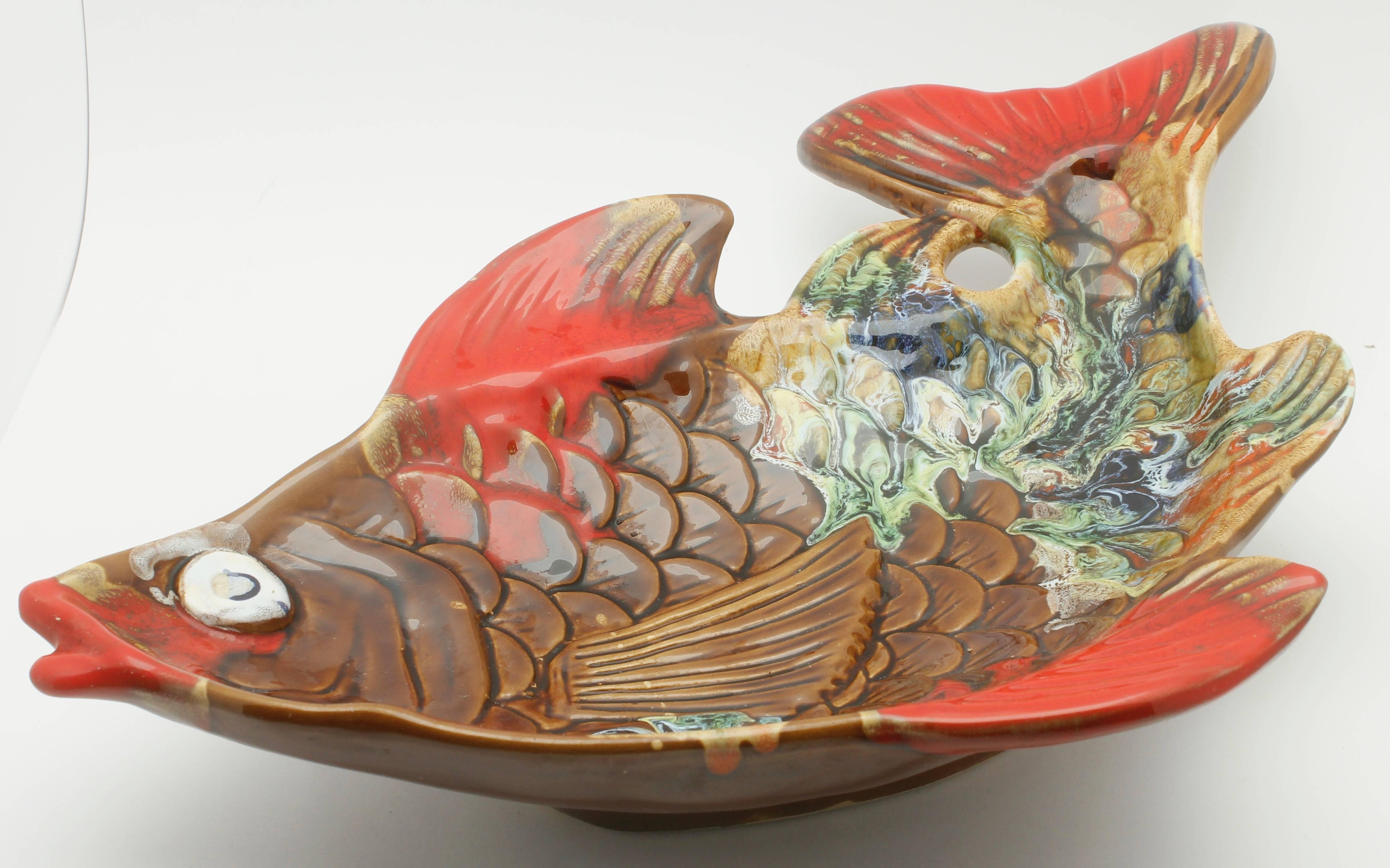 French Vallauris 'France' Pottery Ceramic Fish Shape in Colors Red and Brown and Green