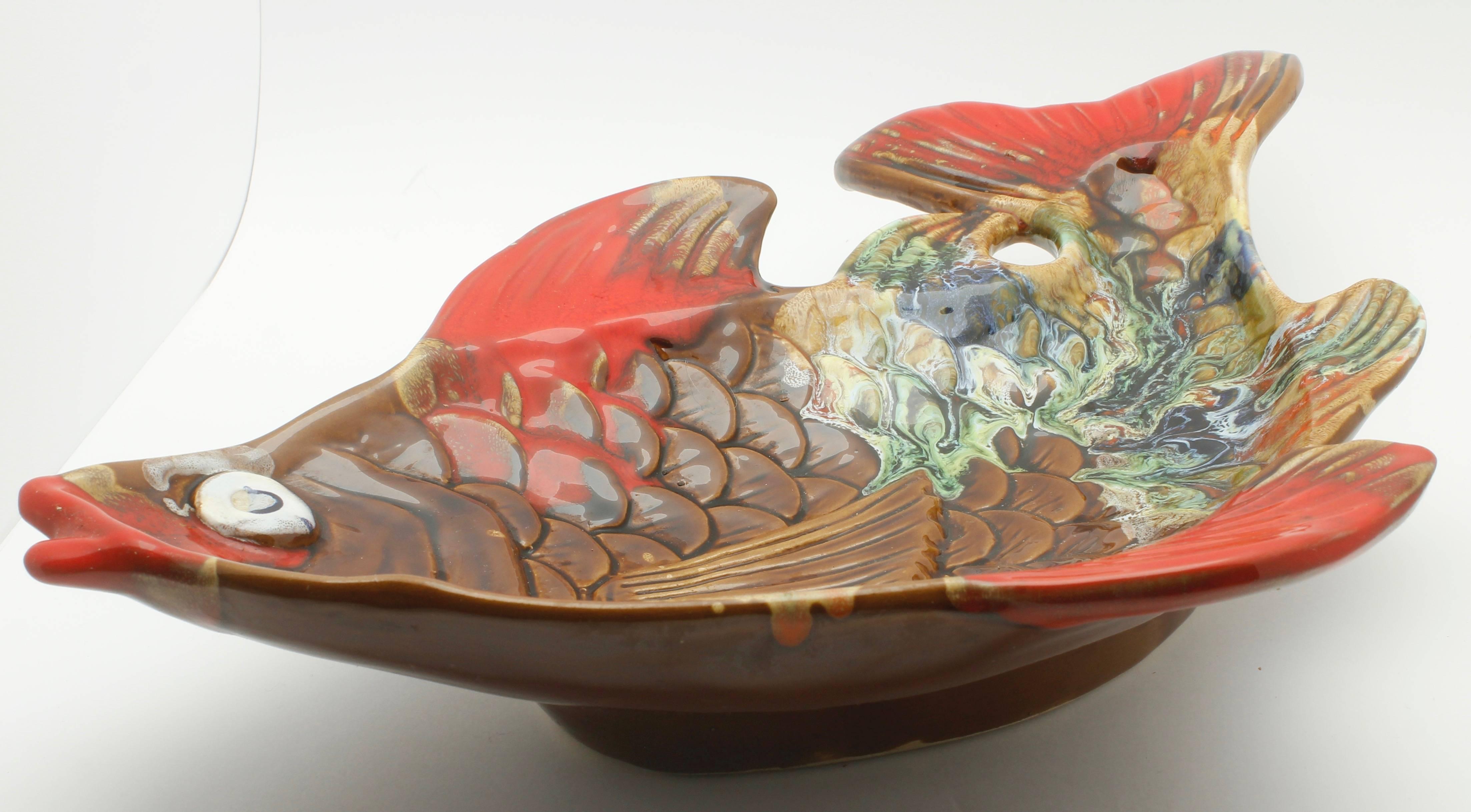 Glazed Vallauris 'France' Pottery Ceramic Fish Shape in Colors Red and Brown and Green