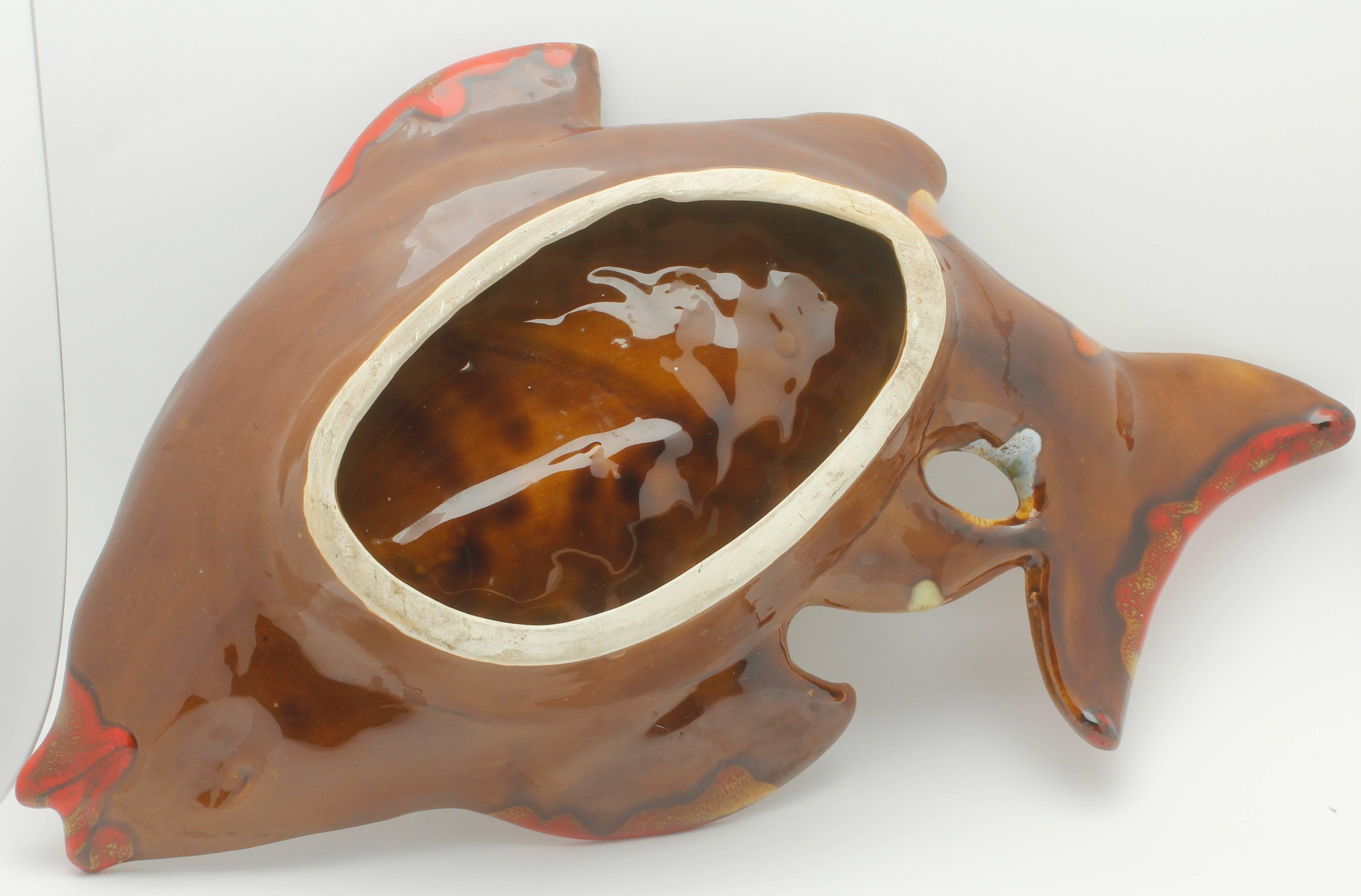 Vallauris 'France' Pottery Ceramic Fish Shape in Colors Red and Brown and Green In Excellent Condition In Verviers, BE