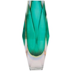 Sommerso Petroleum Blue-Green Faceted Murano Mandruzzato Glass Vase