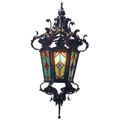 Antique Iron Lantern French, Napoleon III Black with Stained Glass Panels, circa 1874