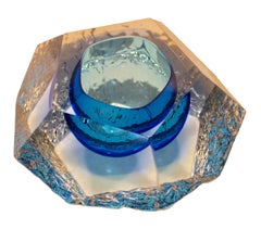 Textured and Faceted 'Sommerso' Blue Ice Glass Vessel by Mandruzzato