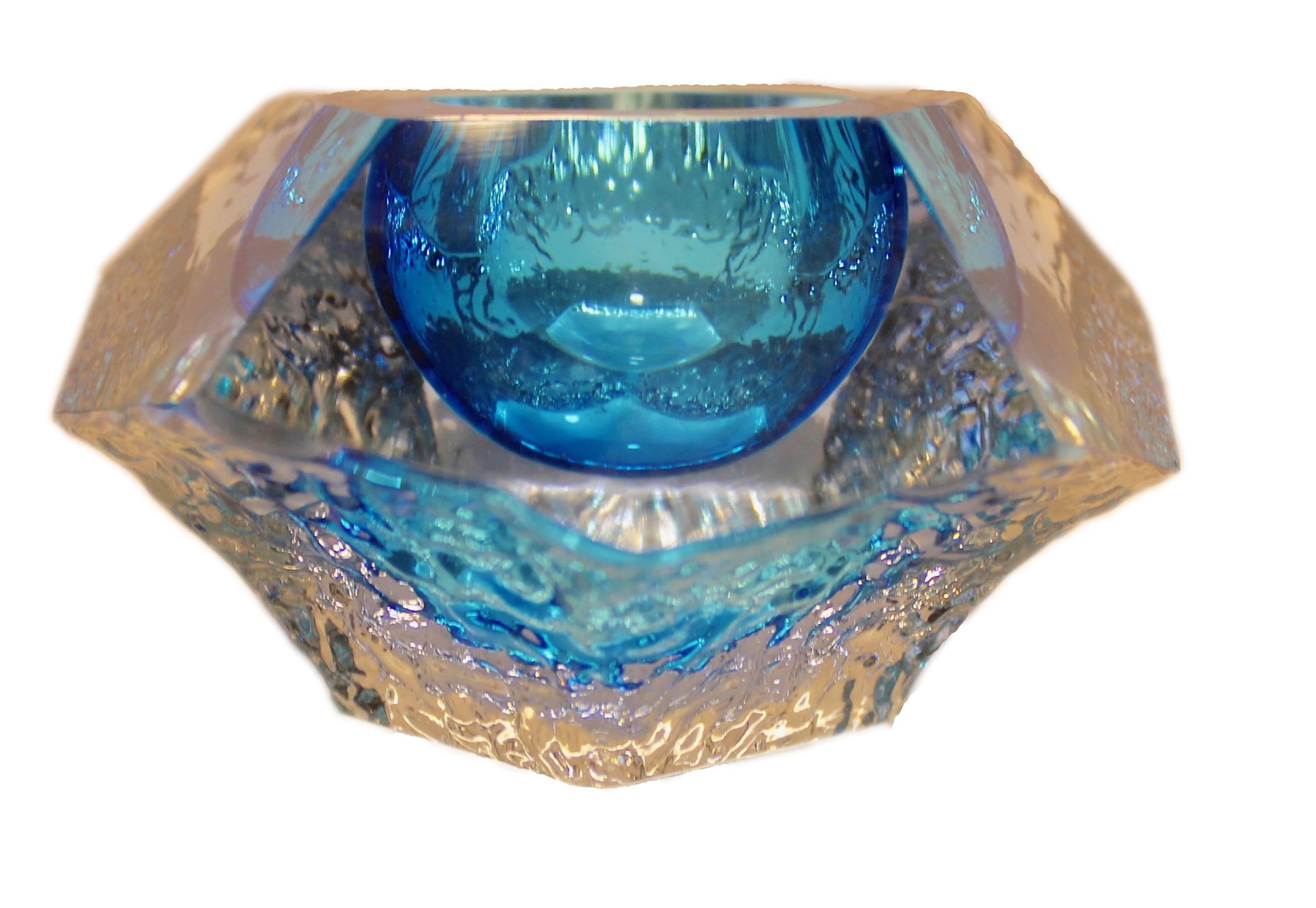 Mid-Century Modern Textured and Faceted 'Sommerso' Blue Ice Glass Vessel by Mandruzzato