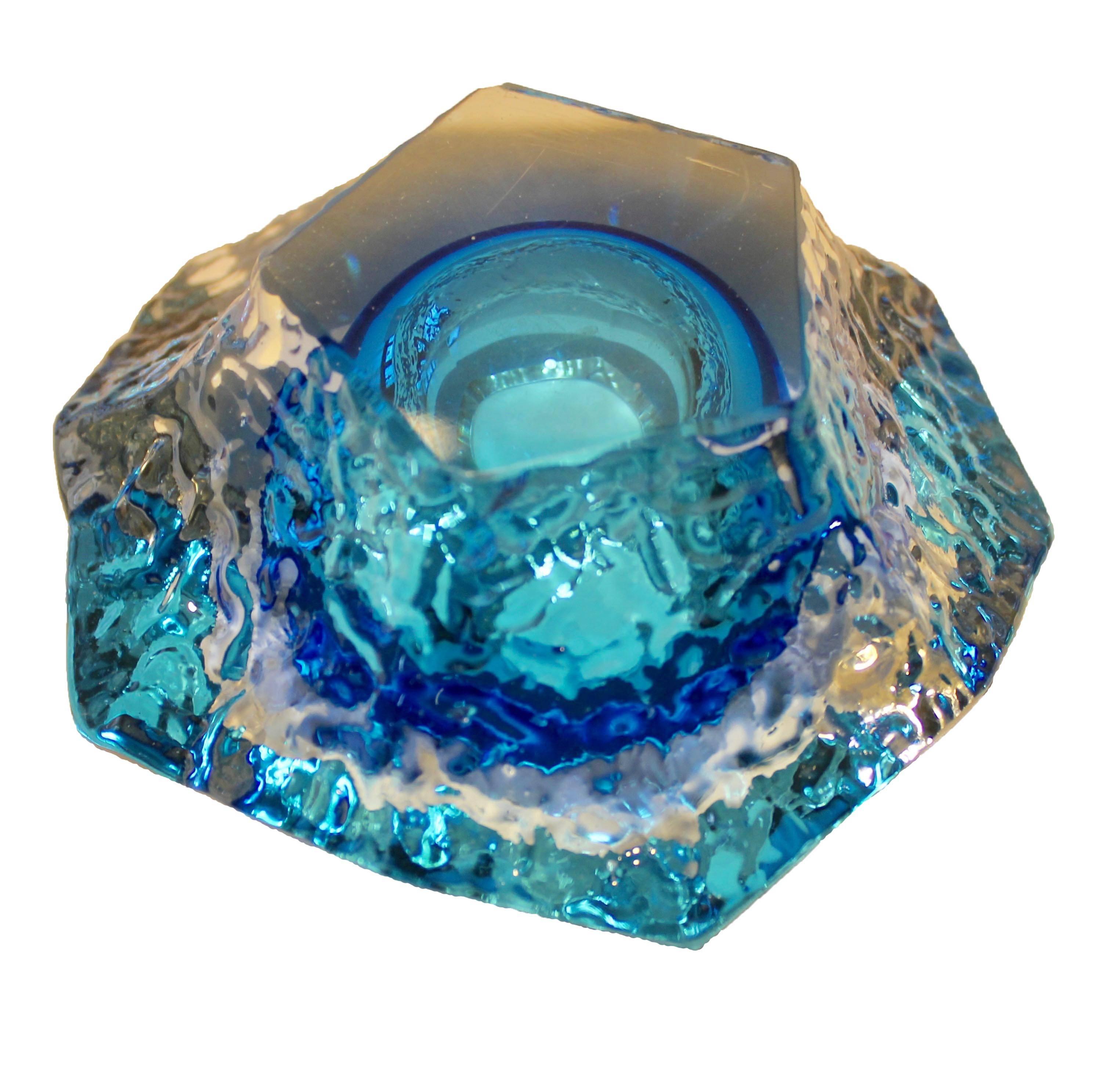 Hand-Crafted Textured and Faceted 'Sommerso' Blue Ice Glass Vessel by Mandruzzato