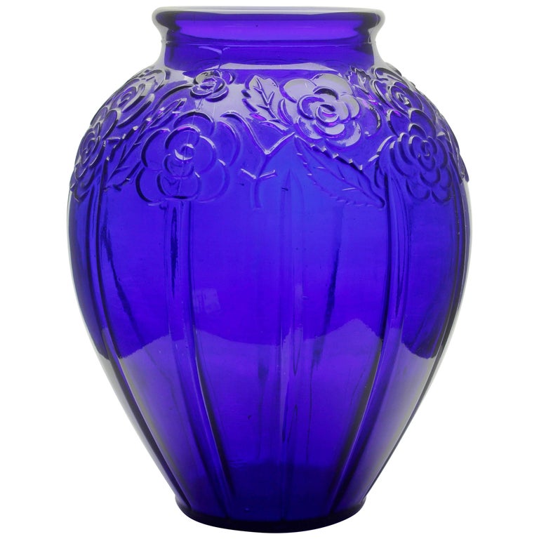 Art Deco Large Vase, Made of Deep Blue Pressed Glass with Flower