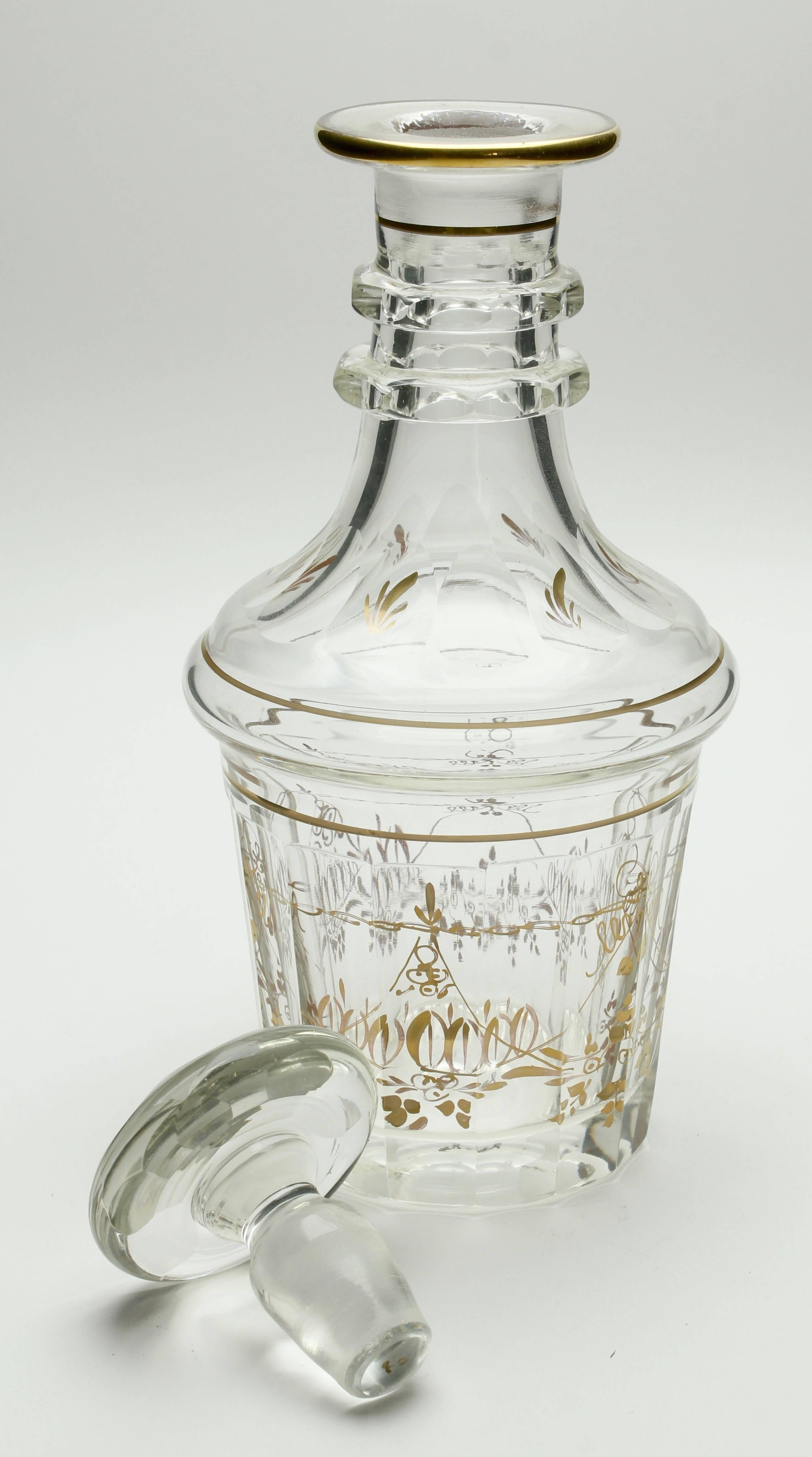 Georgian glass decanter, two neck rings, with gold decoration, 1840s
The piece is in excellent condition and a real beauty!
Attributed to Baccarat
There was a lot of craftsmanship and time necessary to make these decanters.



    