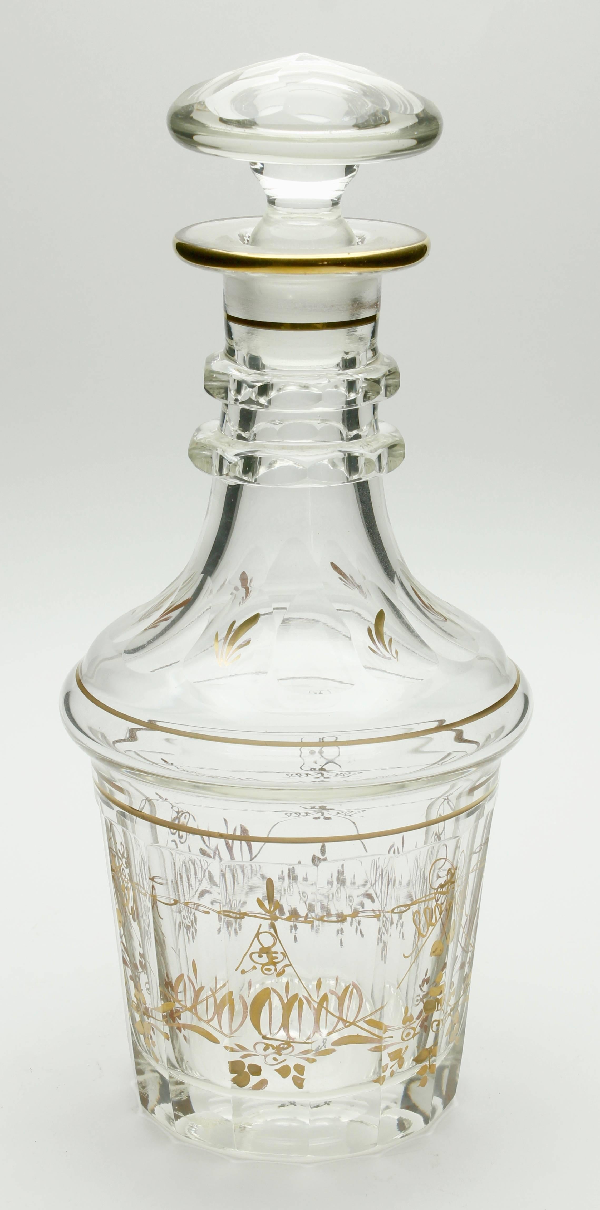 French Georgian Glass Decanter, Two Neck Rings with Gold Decoration, 1840s