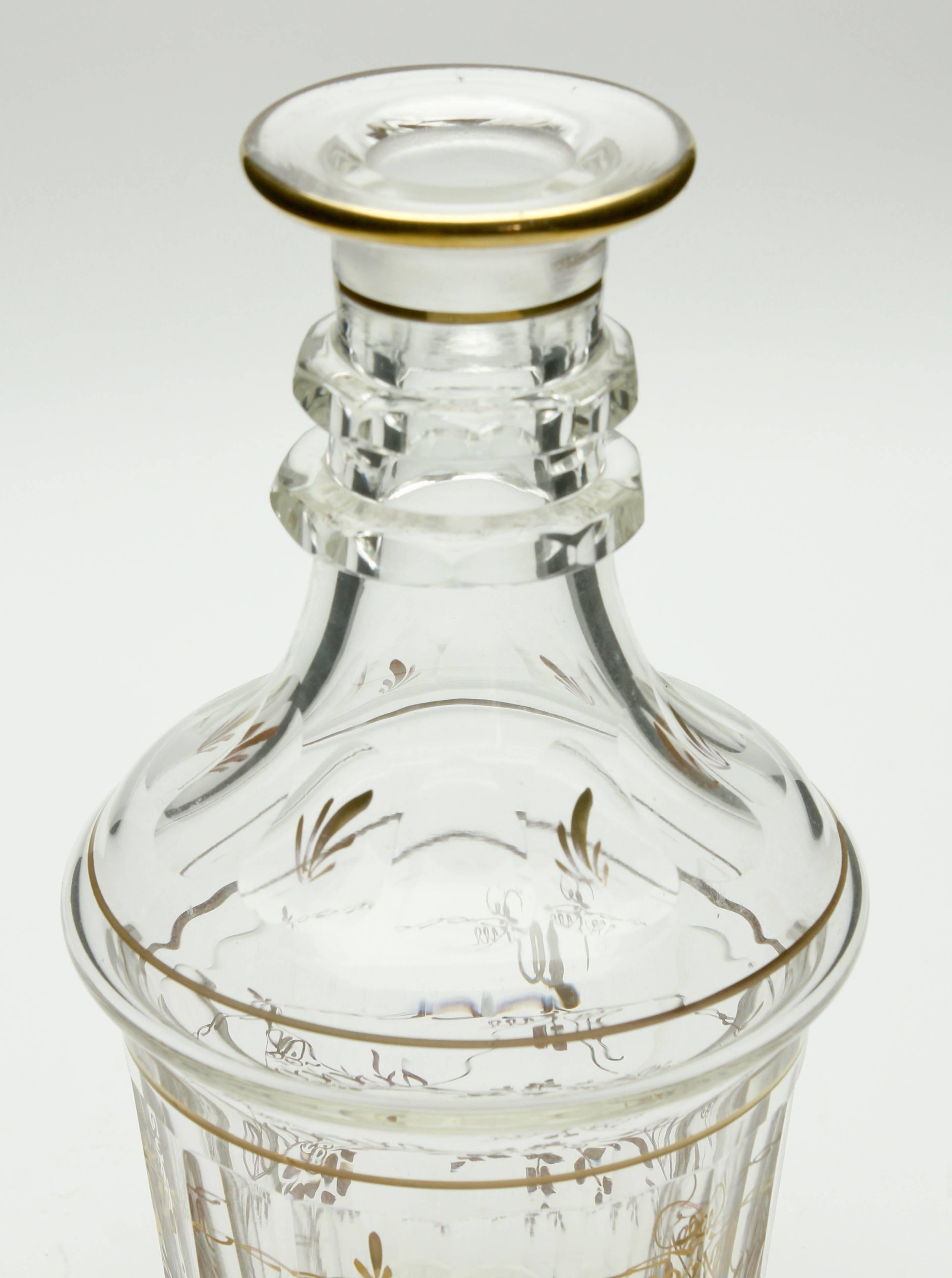 Faceted Georgian Glass Decanter, Two Neck Rings with Gold Decoration, 1840s