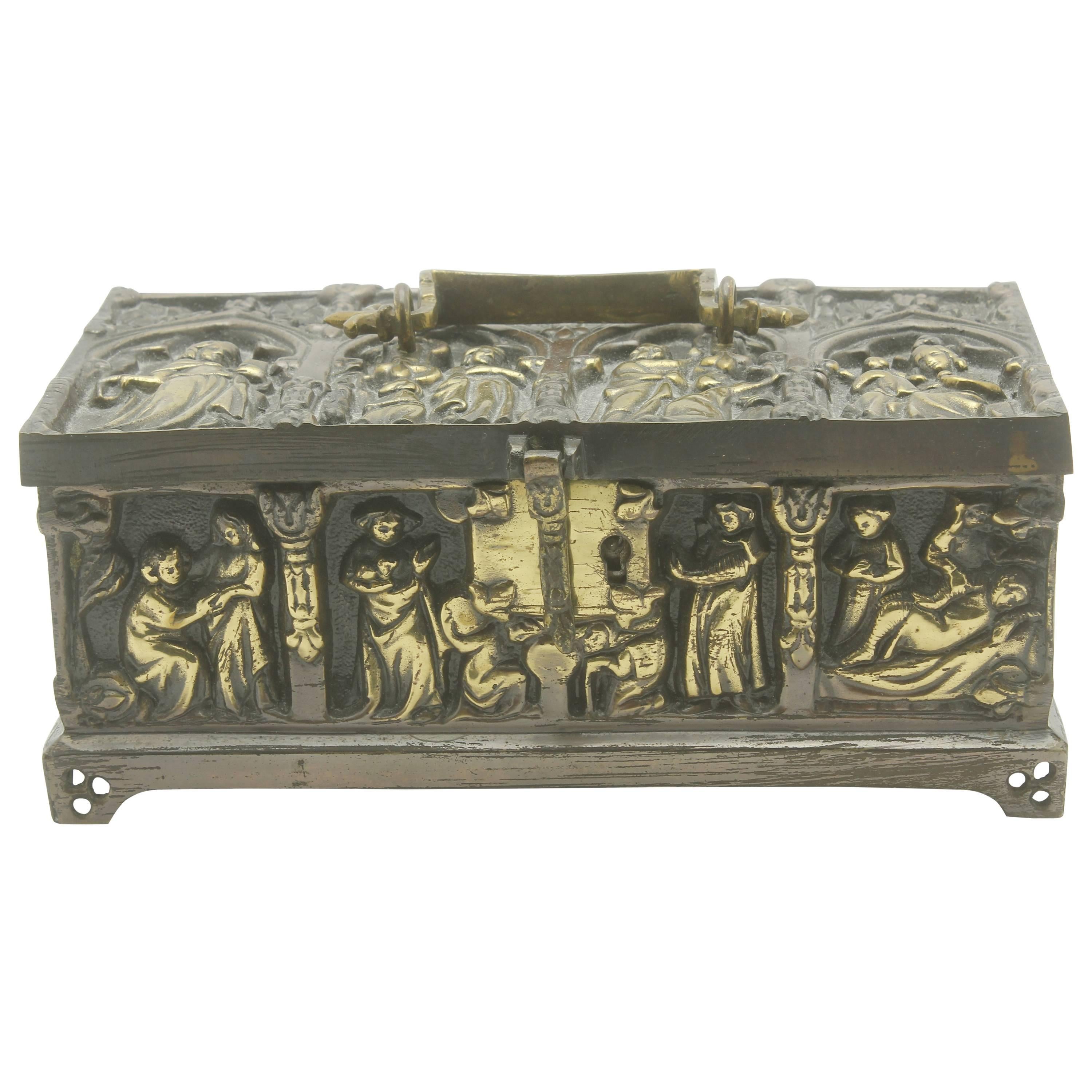 French Bronze Jewelry Casket, Cast Gilt Bronze and Panels of Medieval Scenes
