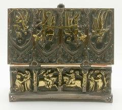 French Bronze Jewelry Casket, Cast Gilt Bronze and Panels of Medieval Scenes