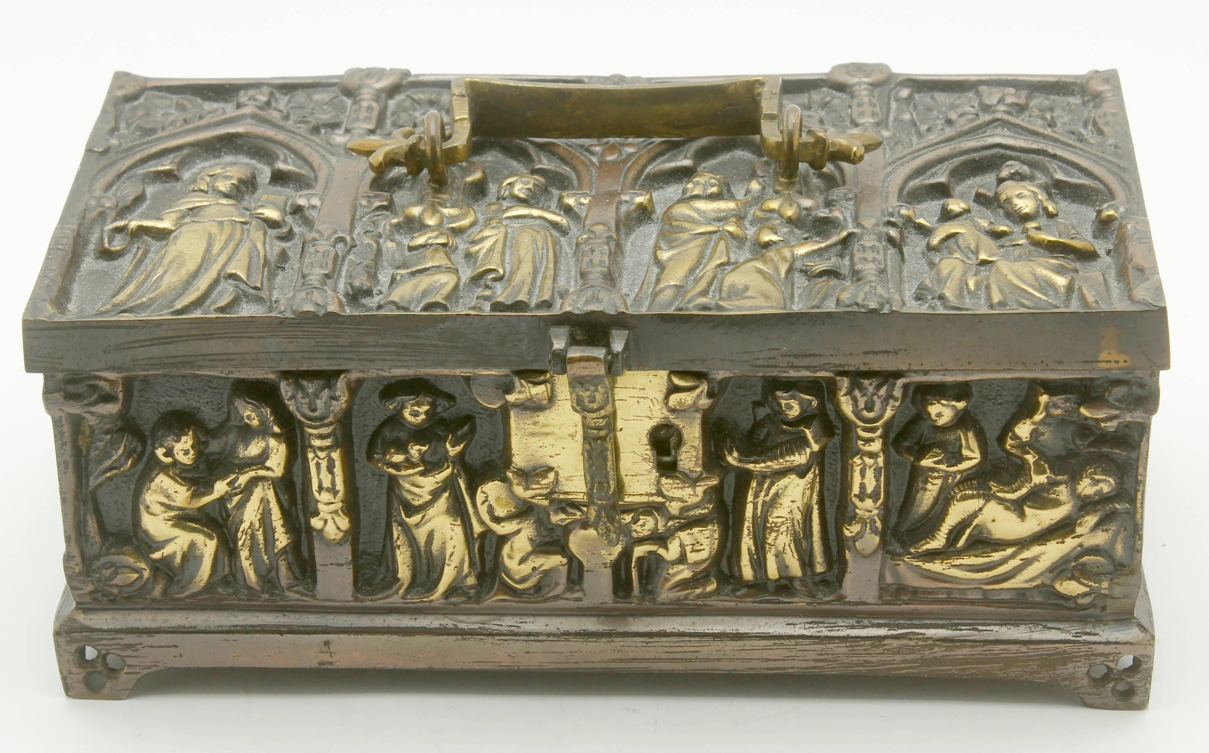 20th Century French Bronze Jewelry Casket, Cast Gilt Bronze and Panels of Medieval Scenes