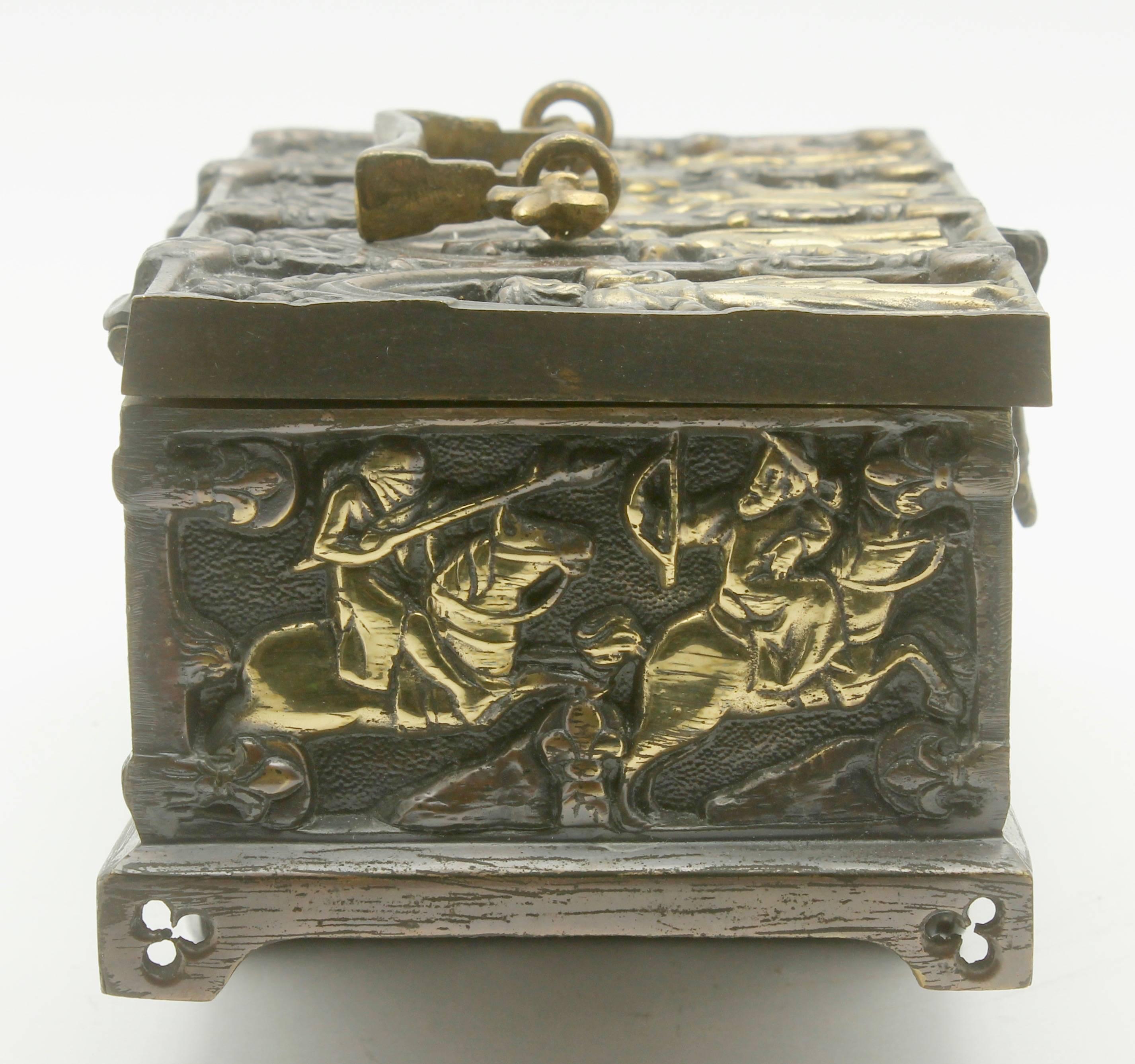 Brass French Bronze Jewelry Casket, Cast Gilt Bronze and Panels of Medieval Scenes