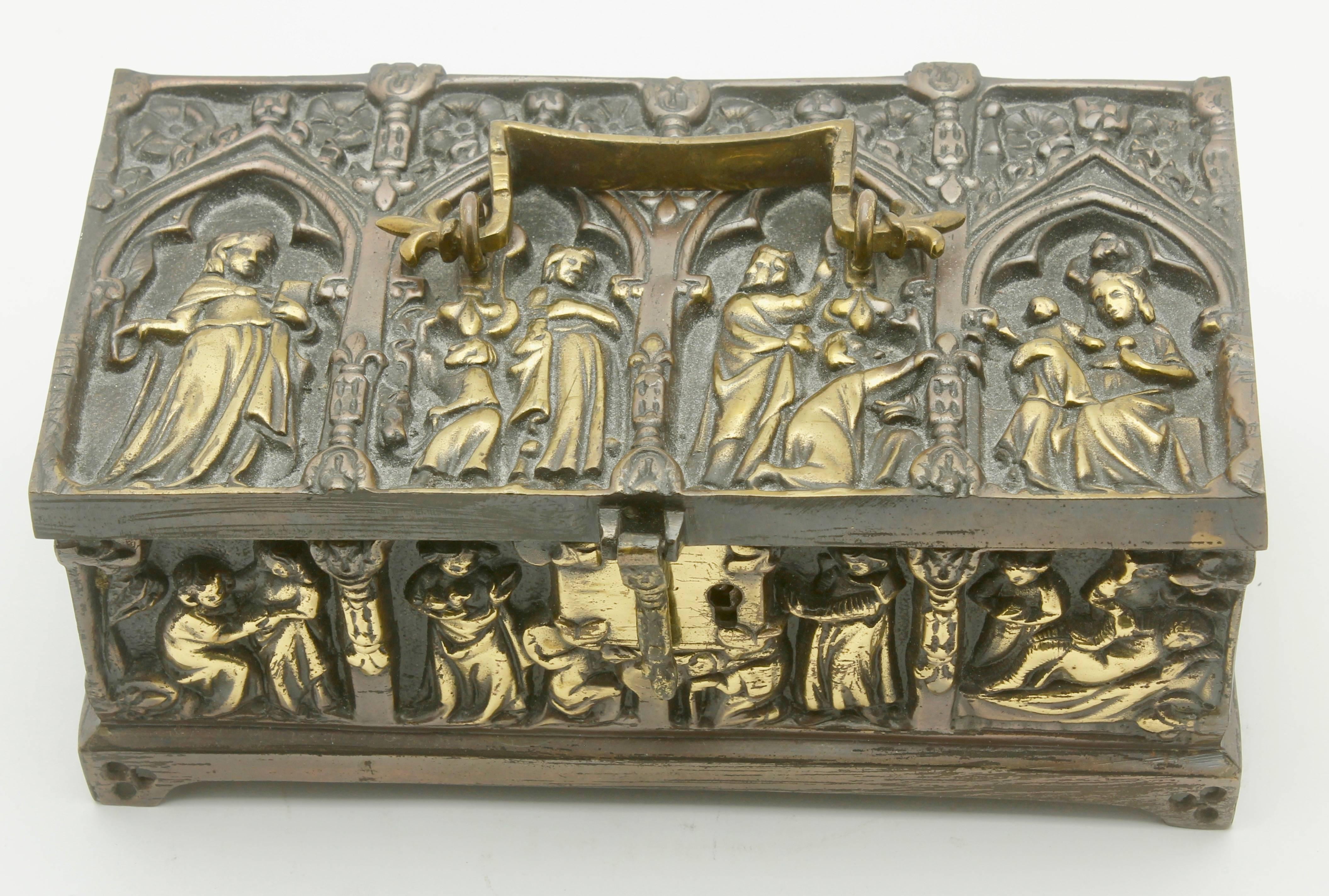 French Bronze Jewelry Casket, Cast Gilt Bronze and Panels of Medieval Scenes 1