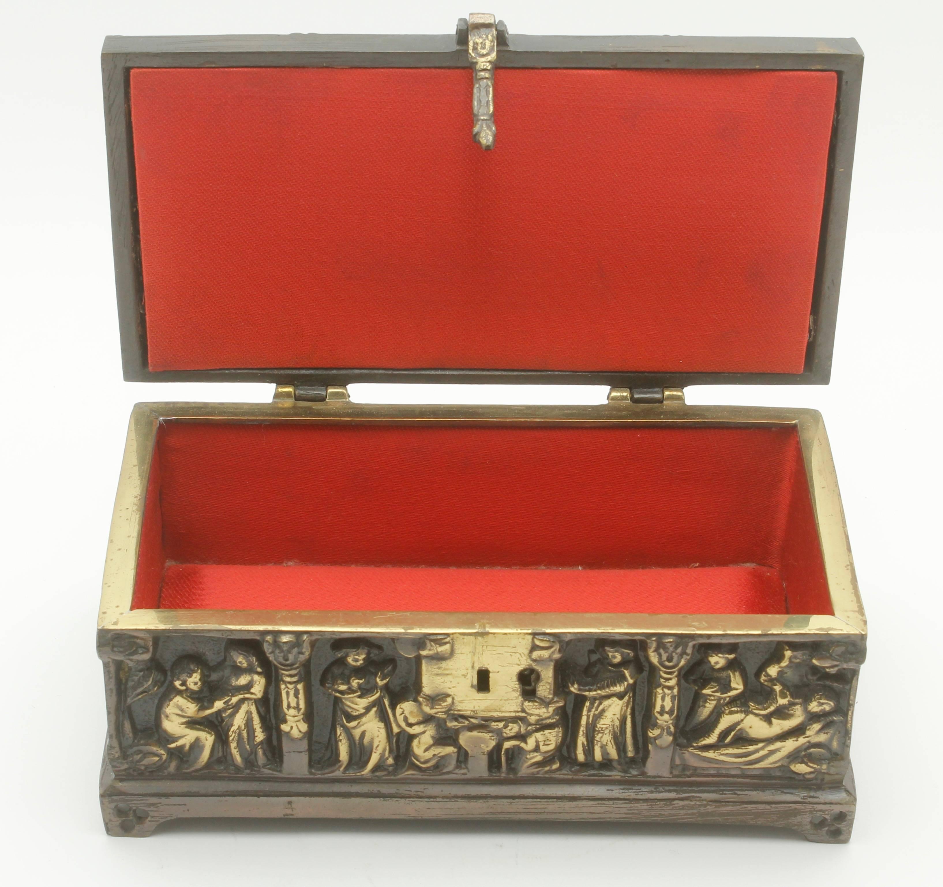 French Bronze Jewelry Casket, Cast Gilt Bronze and Panels of Medieval Scenes 2