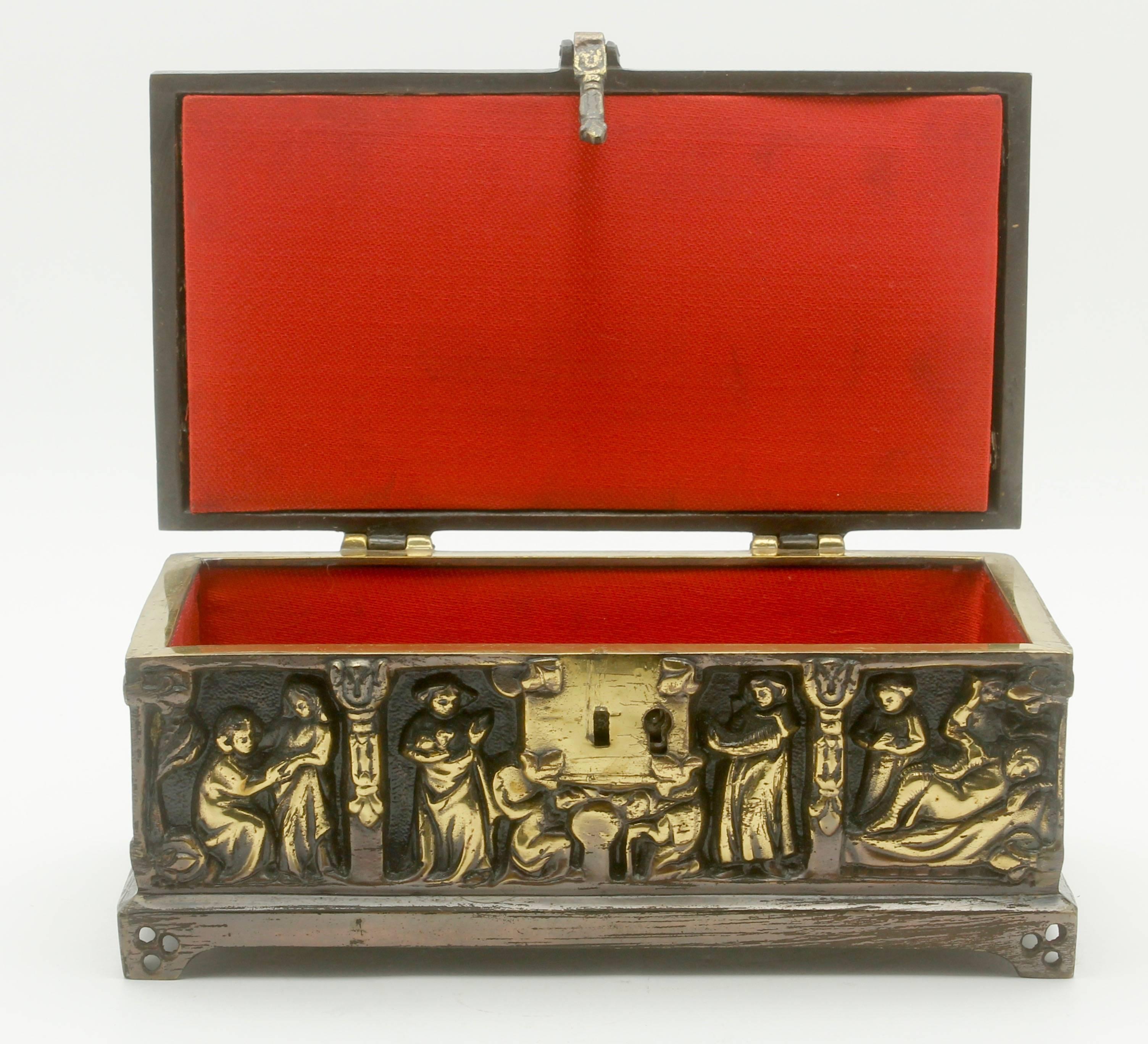 French Bronze Jewelry Casket, Cast Gilt Bronze and Panels of Medieval Scenes 3