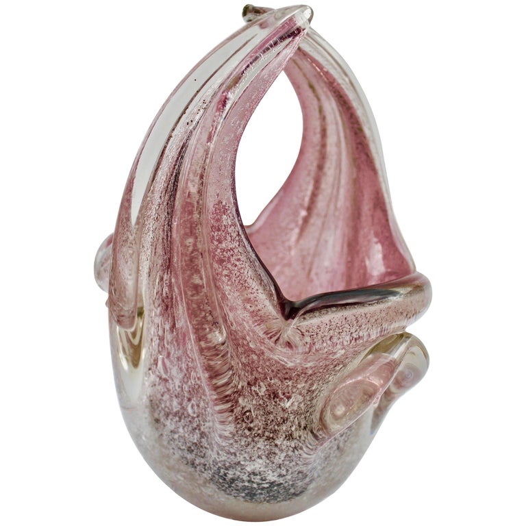 Elegant Large Murano Hand Blown Pink Opalescent and Silver Flecks Art Glass 1