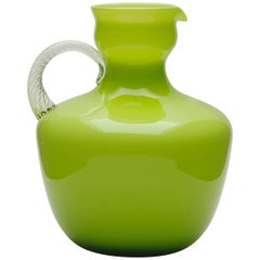 Italian Empoli Olive Green Murano Cased Art Glass Pitcher with Twisted Handle