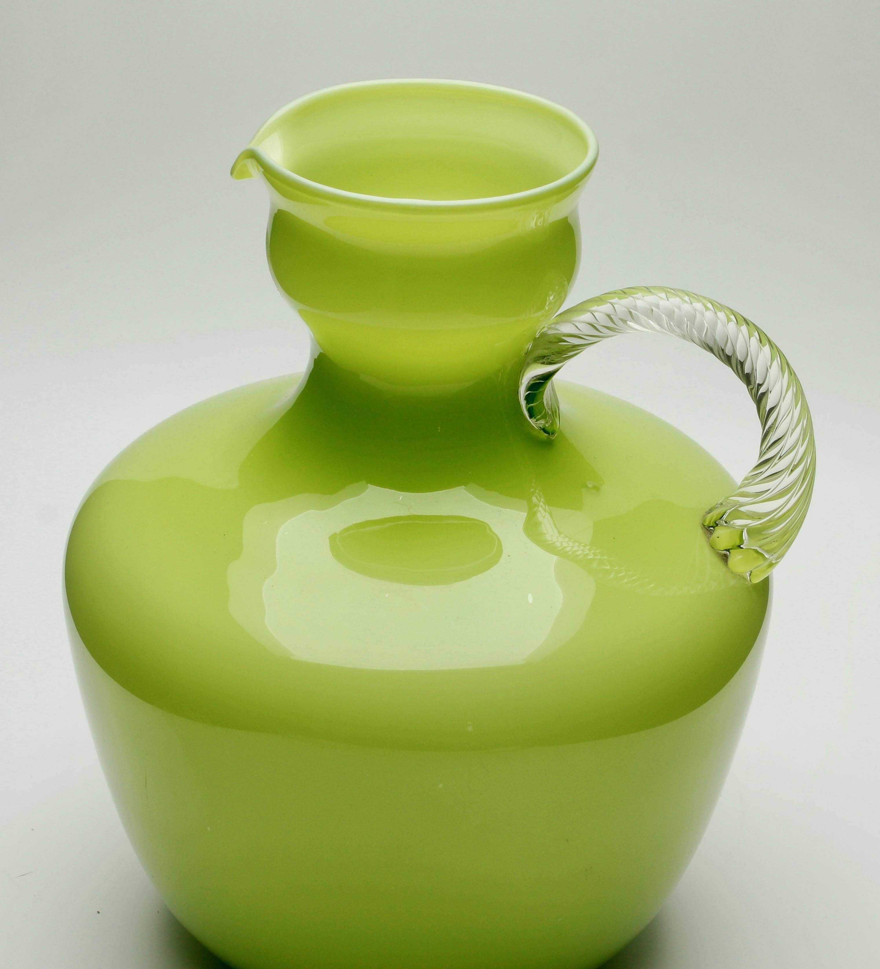 Mid-Century Modern Italian Empoli Olive Green Murano Cased Art Glass Pitcher with Twisted Handle