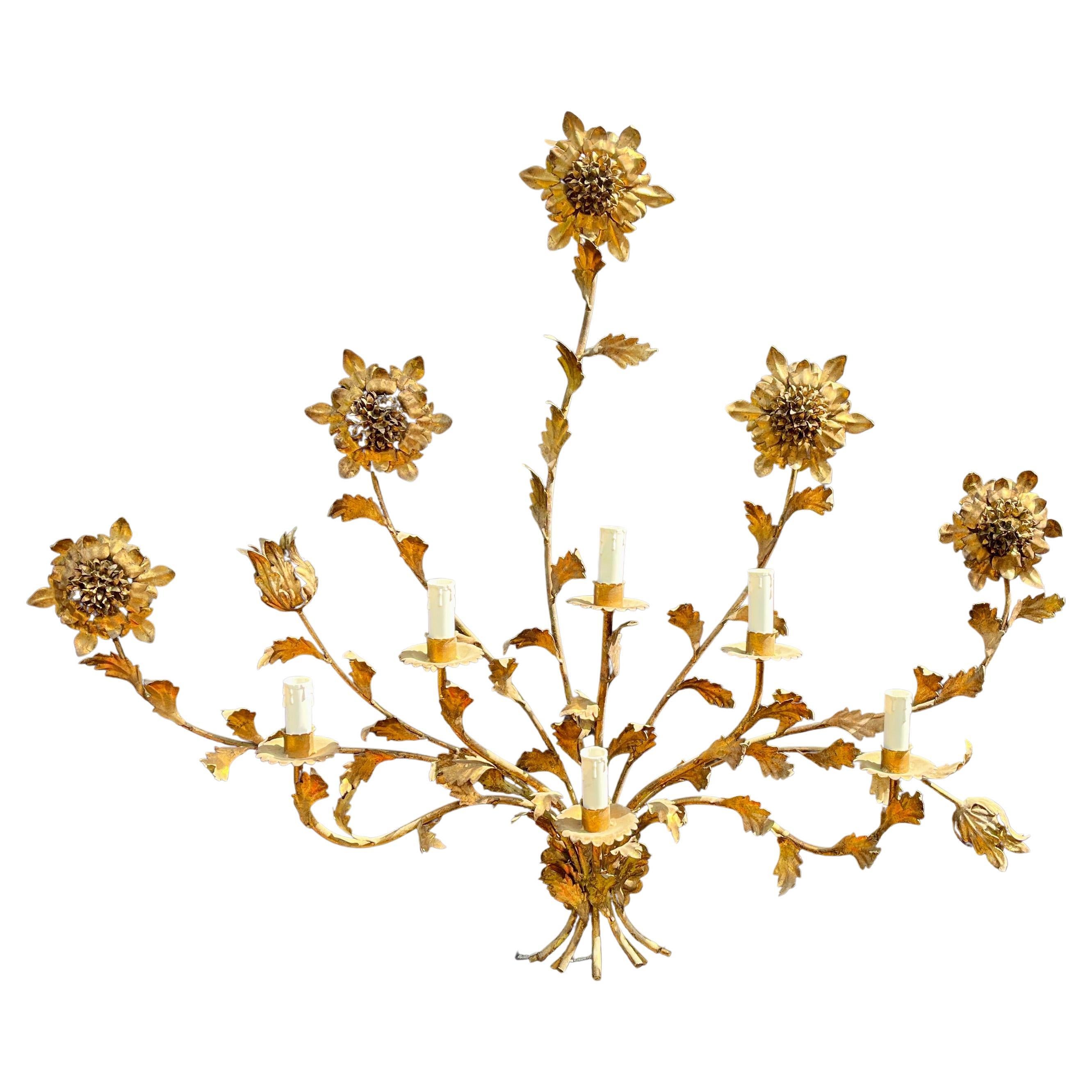 Hans Kögl Large Gilded Brass Flowers and Floral Leafs Wall Mound Lamp