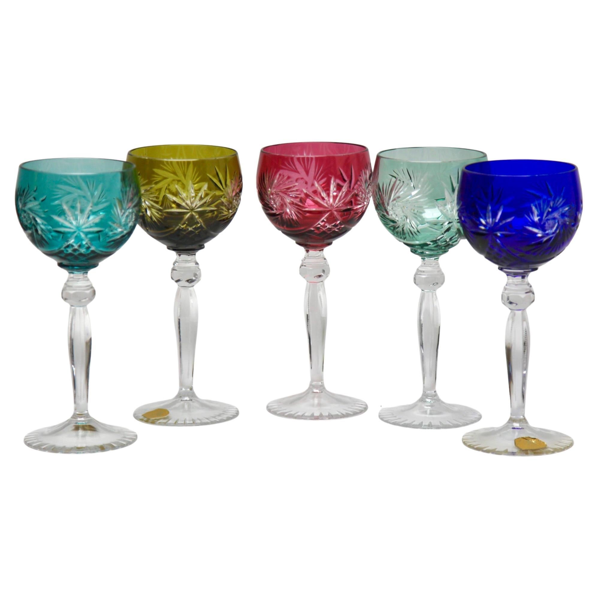 Crystal Set of 5 Stem Glasses Colored Overlay Cut to Clear
