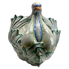 Large Majolica Hand-painted in color swan jardinière Made Italy circa 1930s