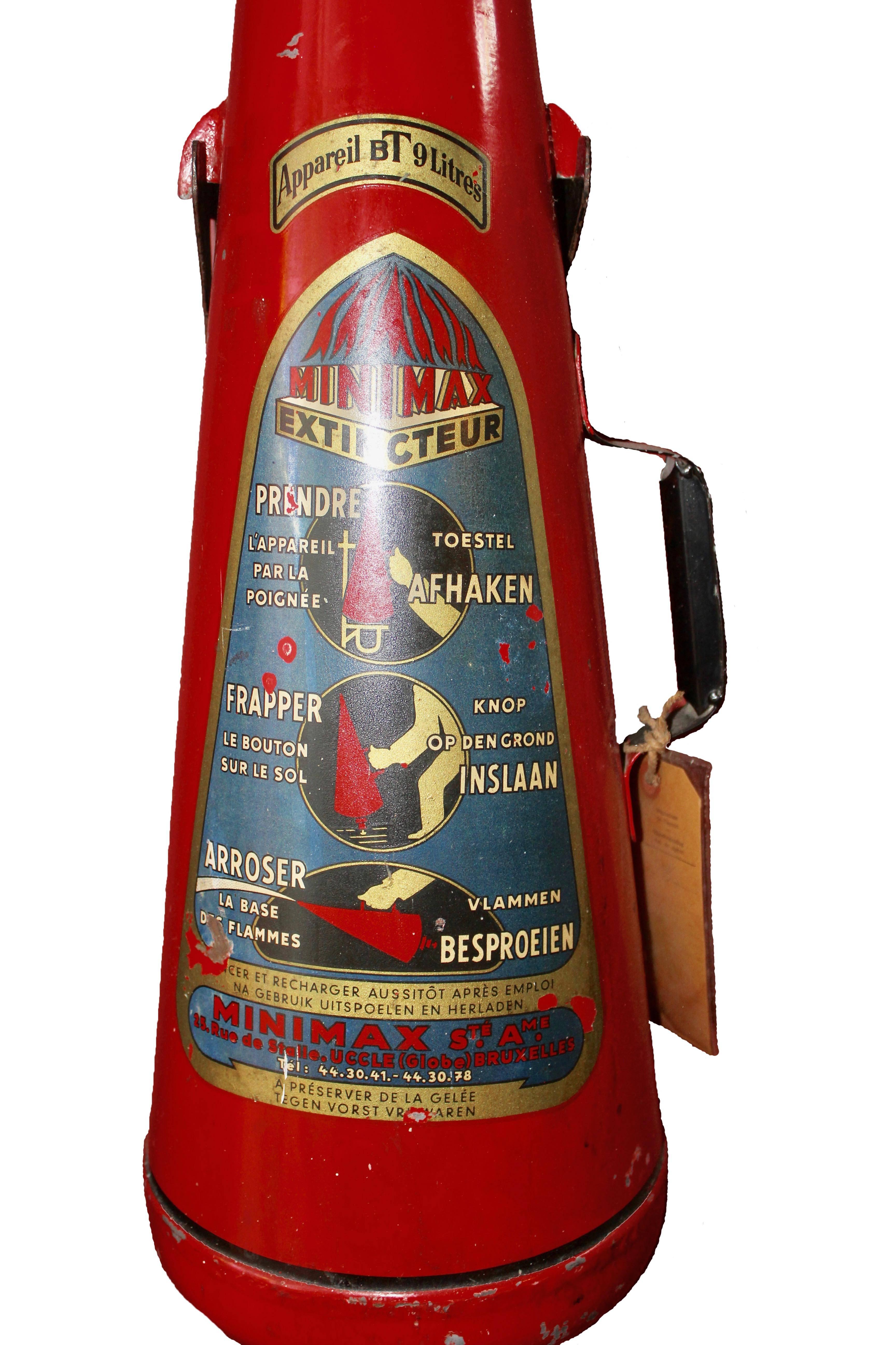 Minimax extinguisher antique red, metallic, 
Very decorative. Type - fire station 

Description:
Antique fire extinguisher made in 1935 in original condition, saved from condemned building, great decoration piece or restoration project. Needs new