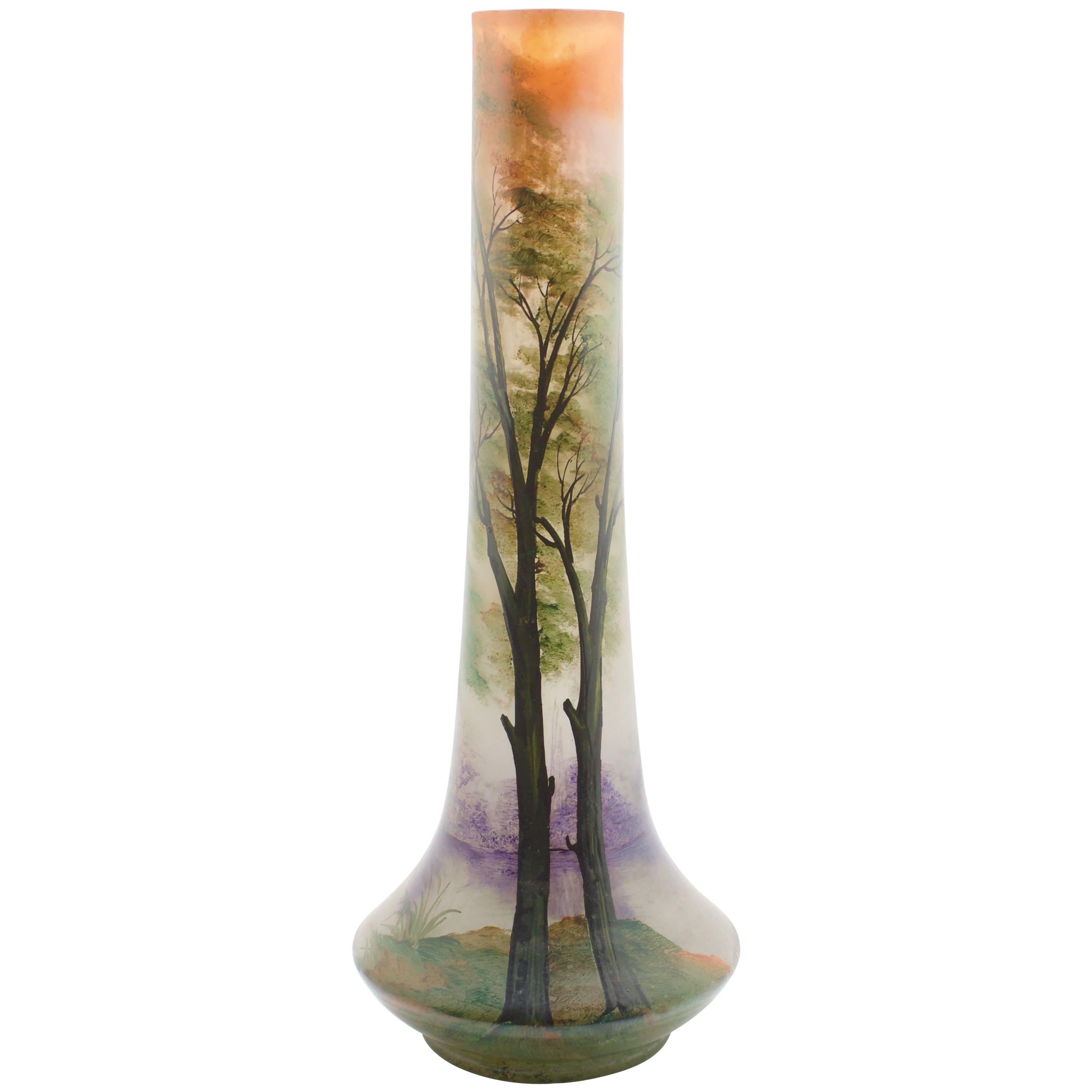 Leune Daum Freres Glass Vase with Enamel Decoration of a Landscape