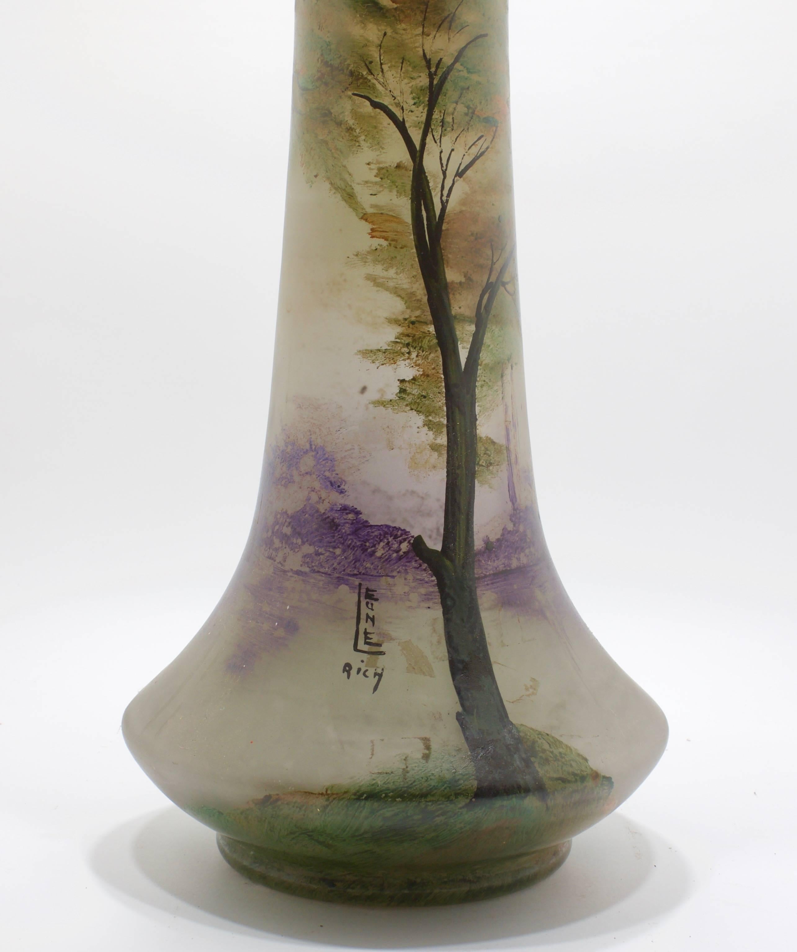 Art Nouveau Leune Daum Freres Glass Vase with Enamel Decoration of a Landscape