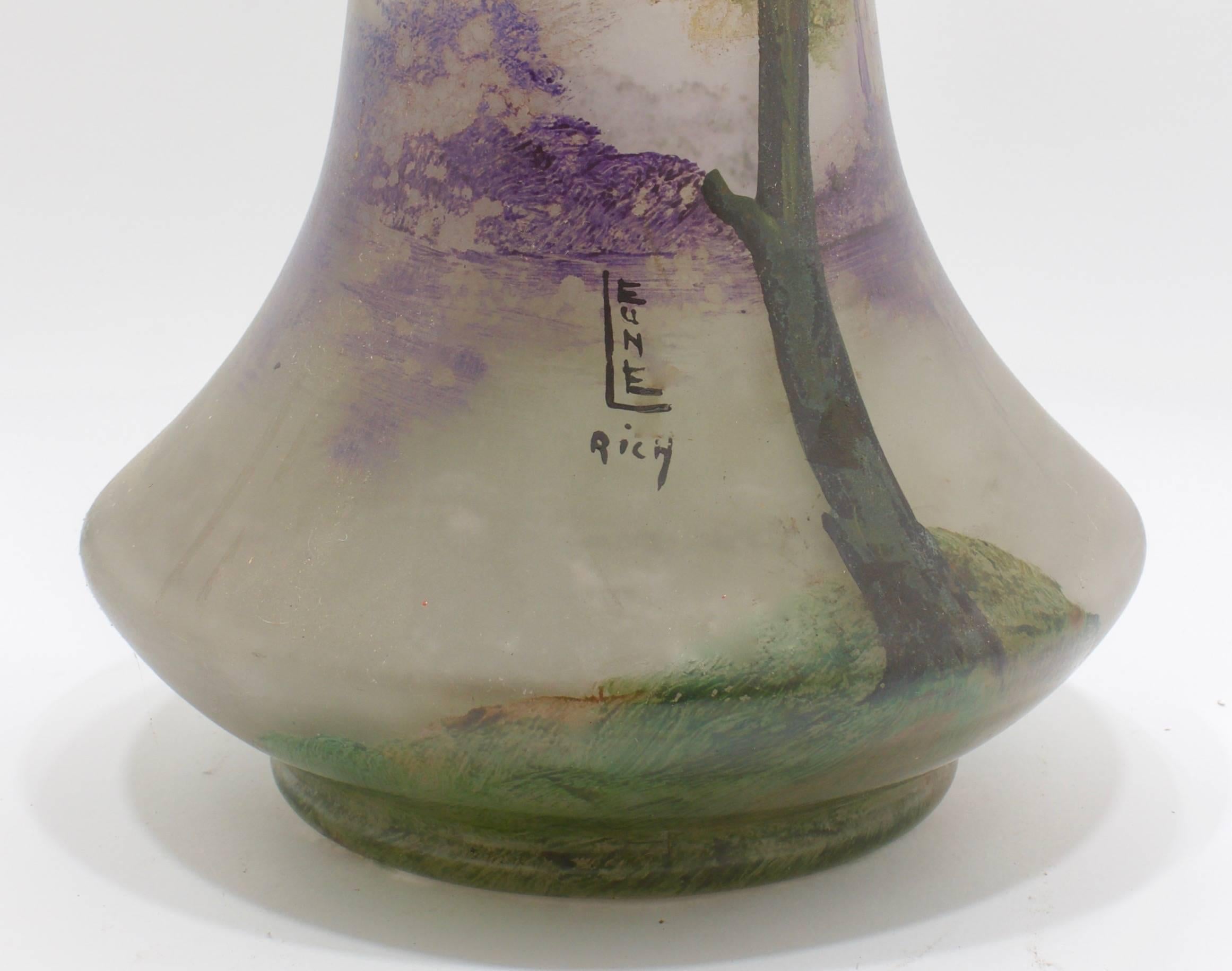 French Leune Daum Freres Glass Vase with Enamel Decoration of a Landscape