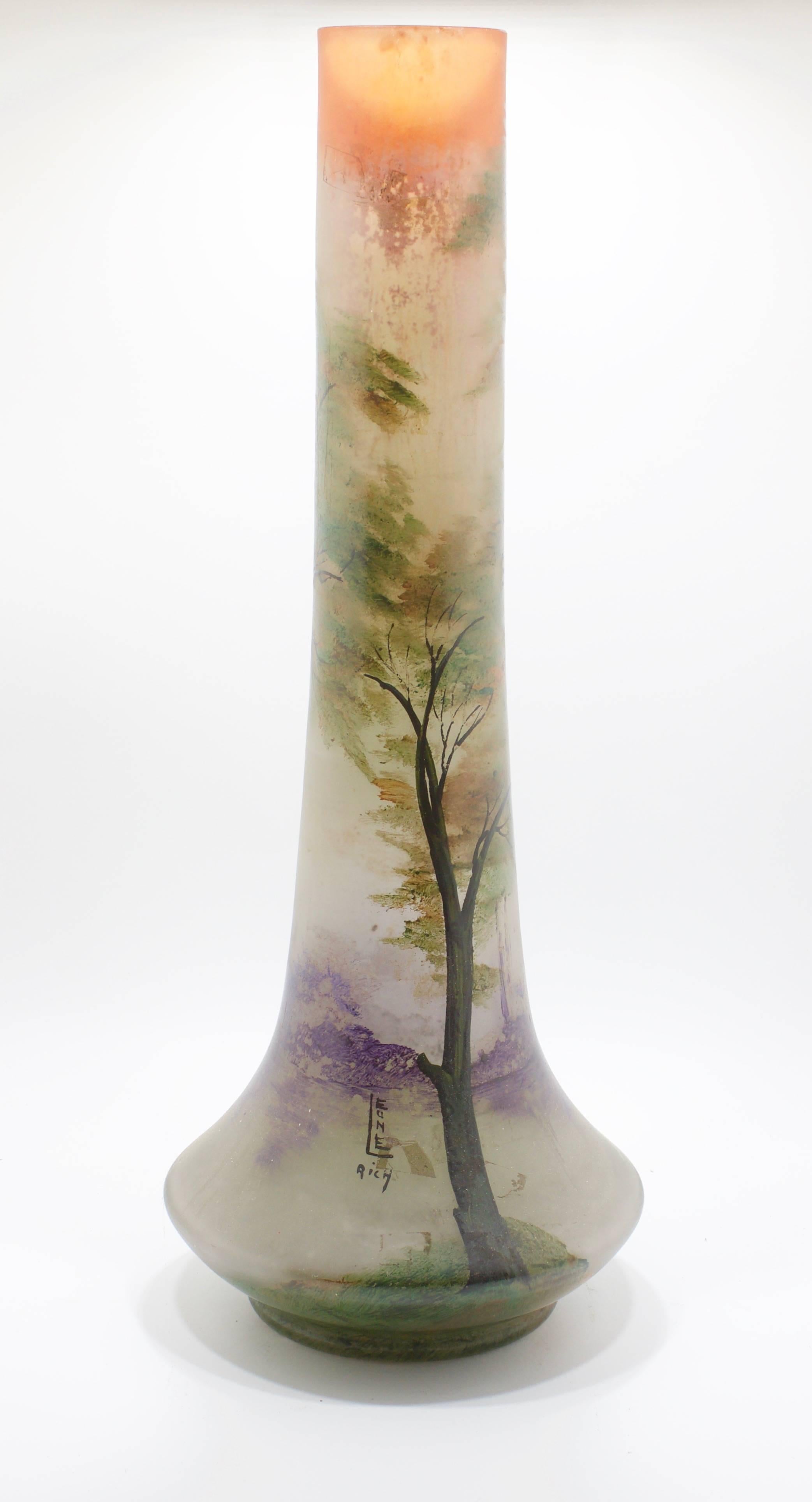 Leune Daum Freres Glass Vase with Enamel Decoration of a Landscape In Excellent Condition In Verviers, BE