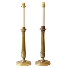 Large Pair of French Napoleonic Chateau Built Brass Candlesticks, circa 1820