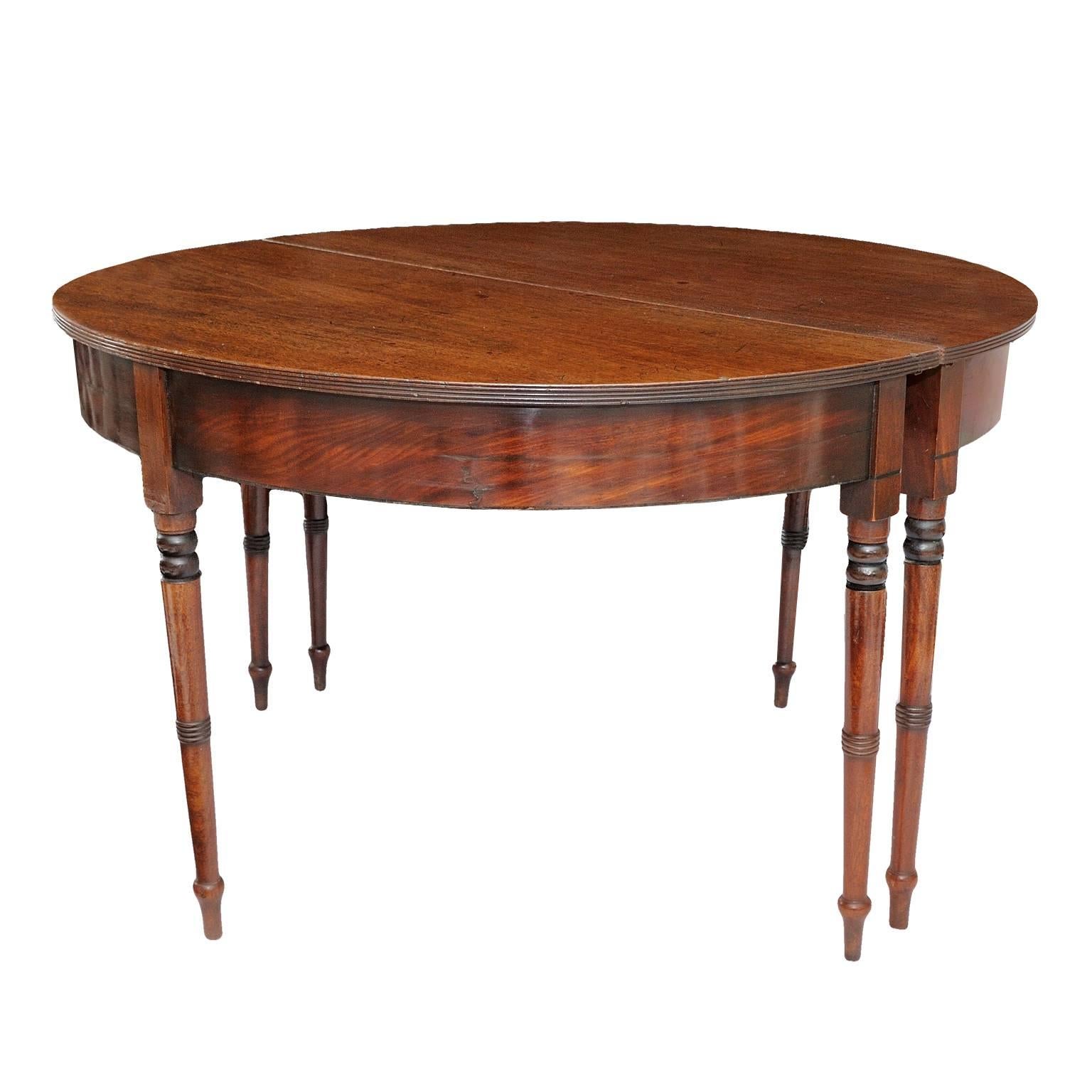 Polished Large Pair of English George III Mahogany Demilune Side Tables, circa 1780 For Sale