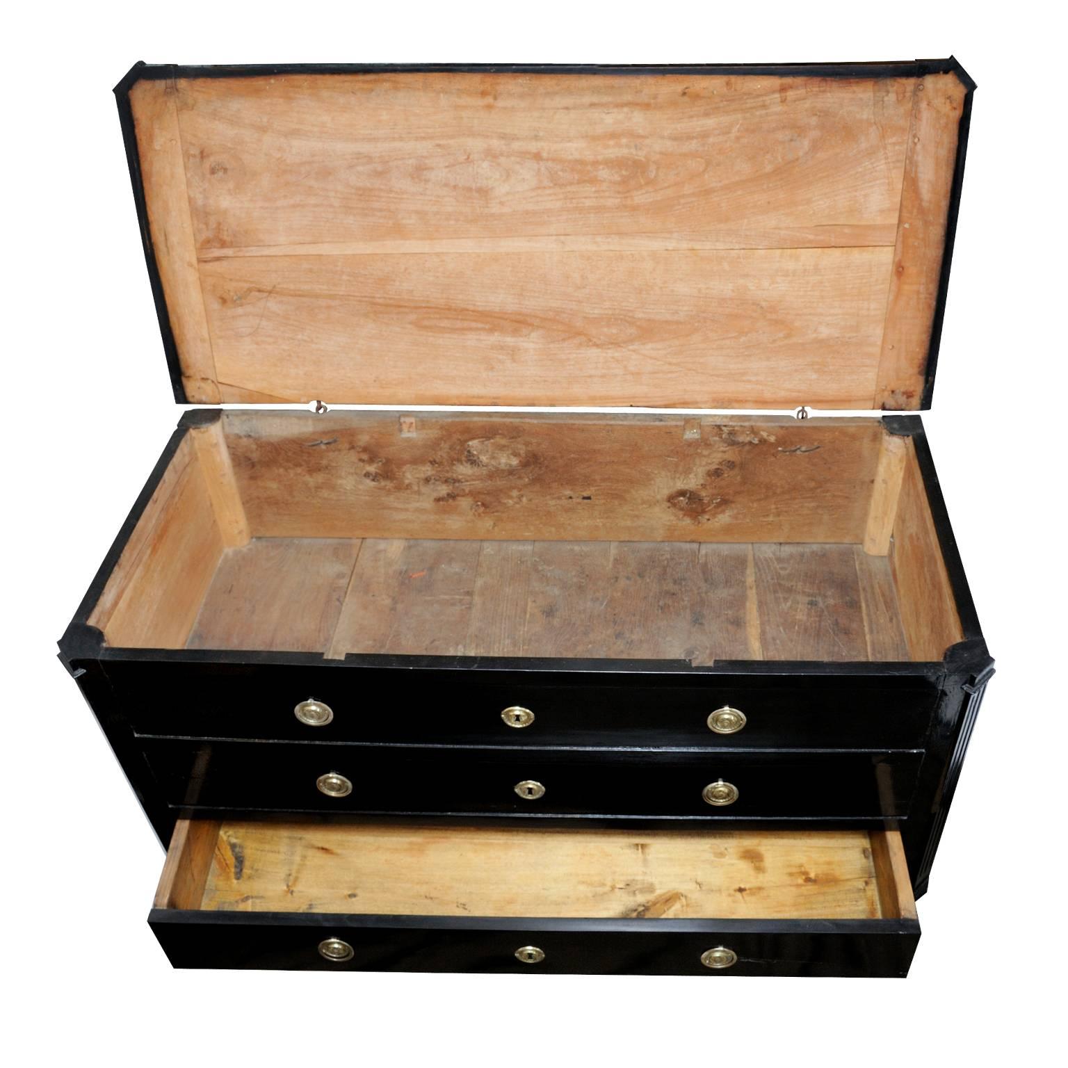 This is a wonderfully proportioned late 18th century French Louis XVI cherrywood ebonized neoclassical coffer/blanket box with lift up lid for storage.

This coffer features two dummy drawers to the front and a working drawer to the bottom and is