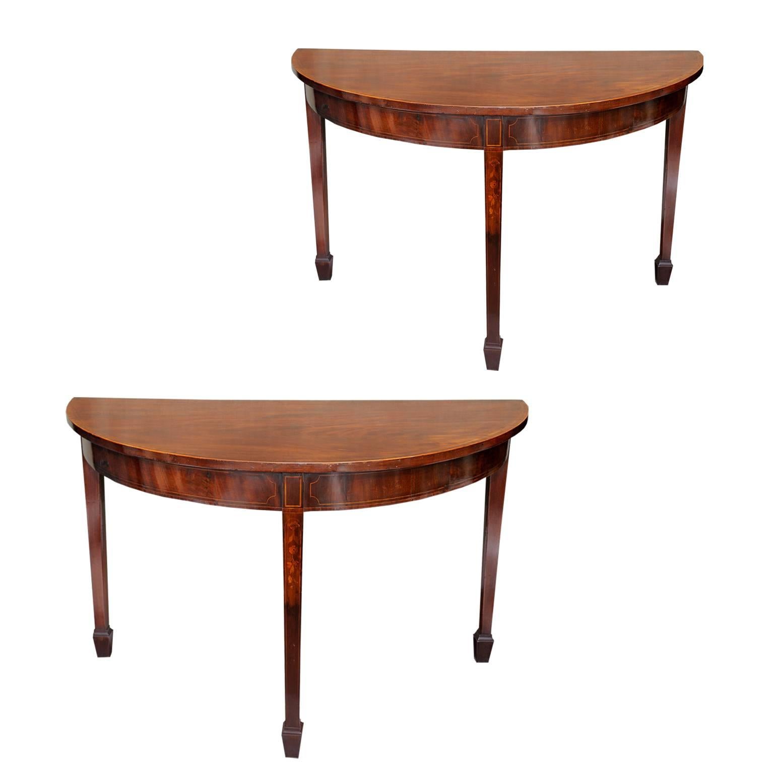 Pair of Large 18th Century Irish Mahogany Demilune Side Tables, circa 1780 For Sale