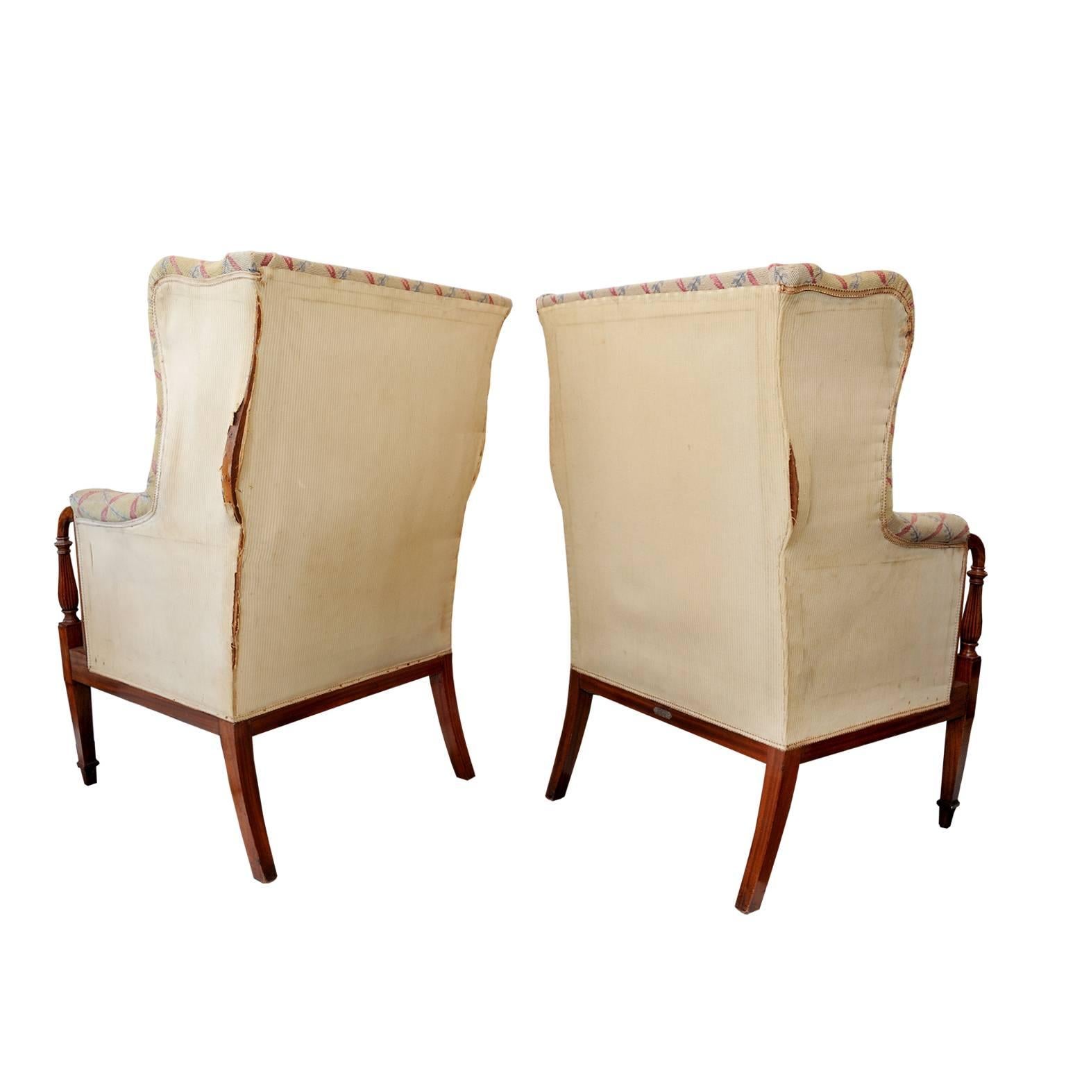 Needlepoint Rare Pair of English Country House Satinwood Wing Chairs, circa 1890