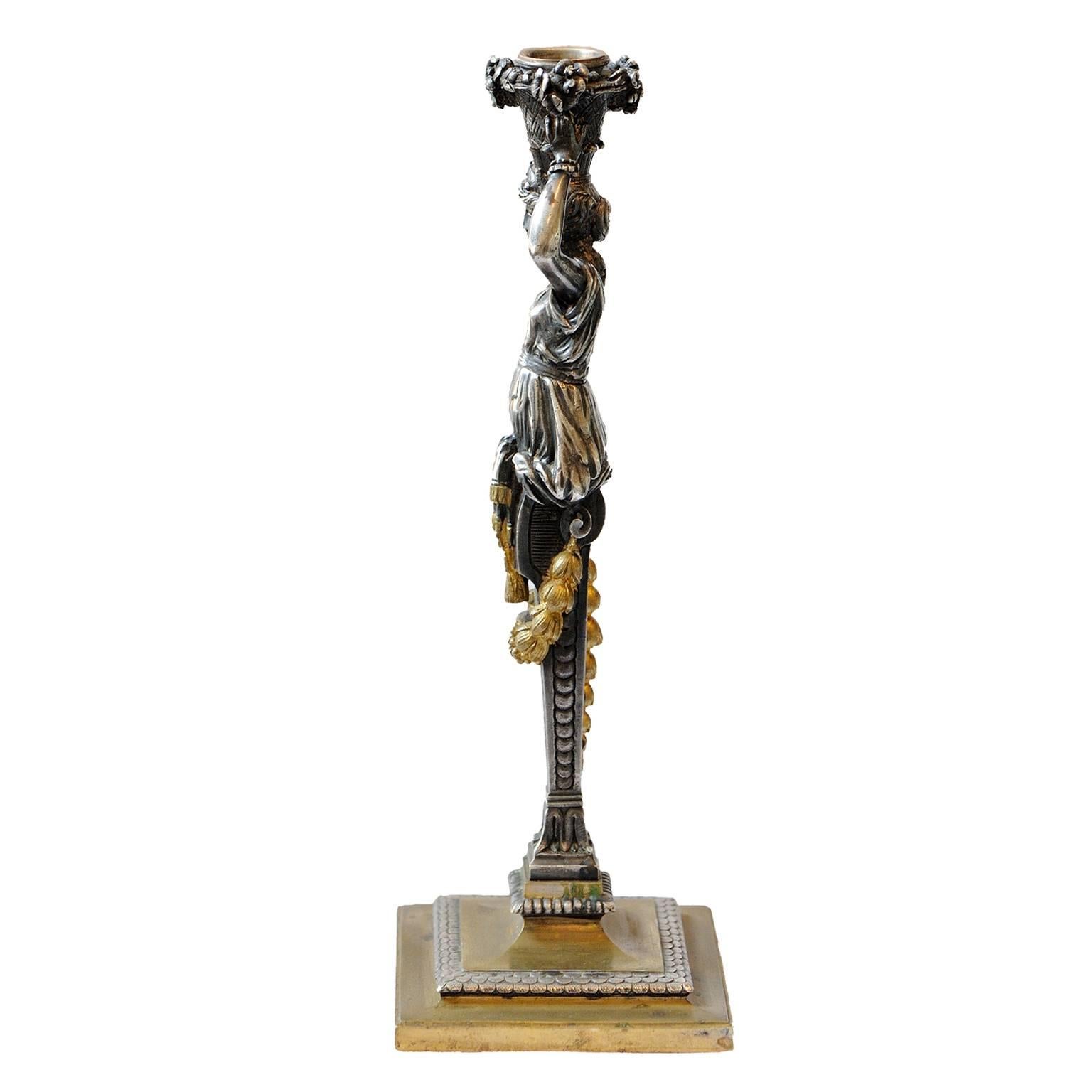Polished Pair of Silvered and Gilt Bronze Late Empire Candlesticks, circa 1830 For Sale