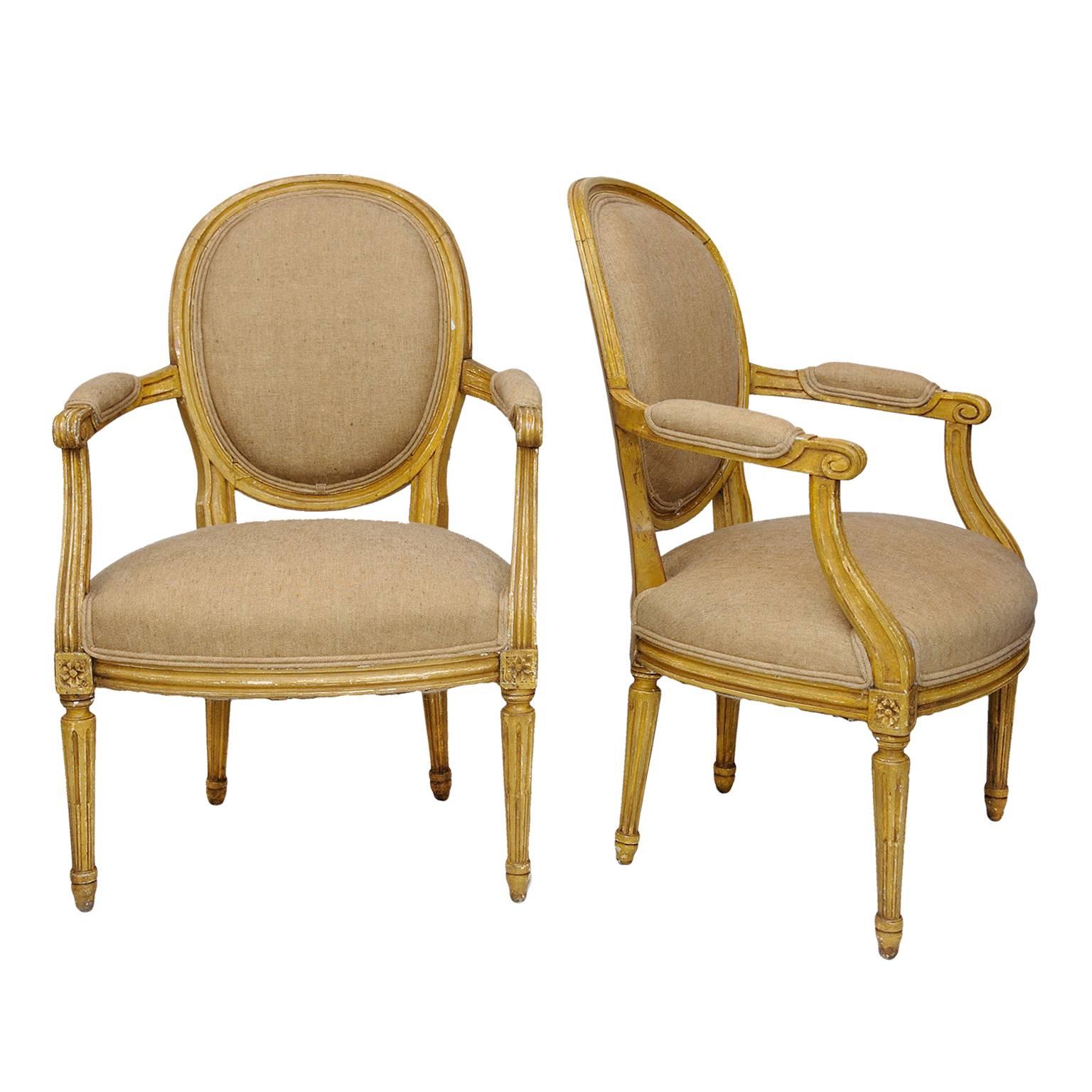 Pair of French Neoclassical Painted Louis XVI Open Armchairs, circa 1780 For Sale