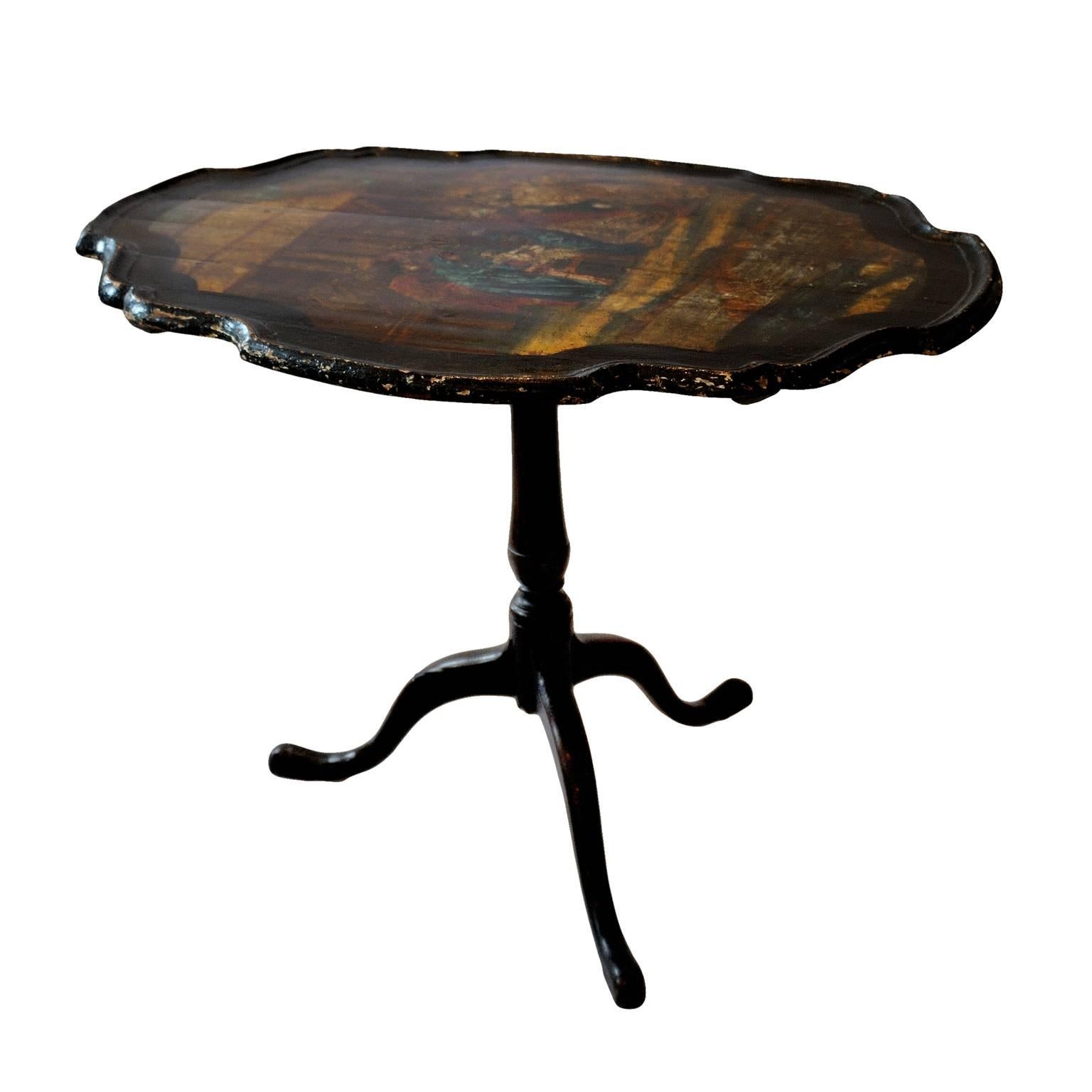 This is a wonderful mid-18th century Dutch painted tripod table, made from pine and oak, features beautiful charismatic period artwork showing the 