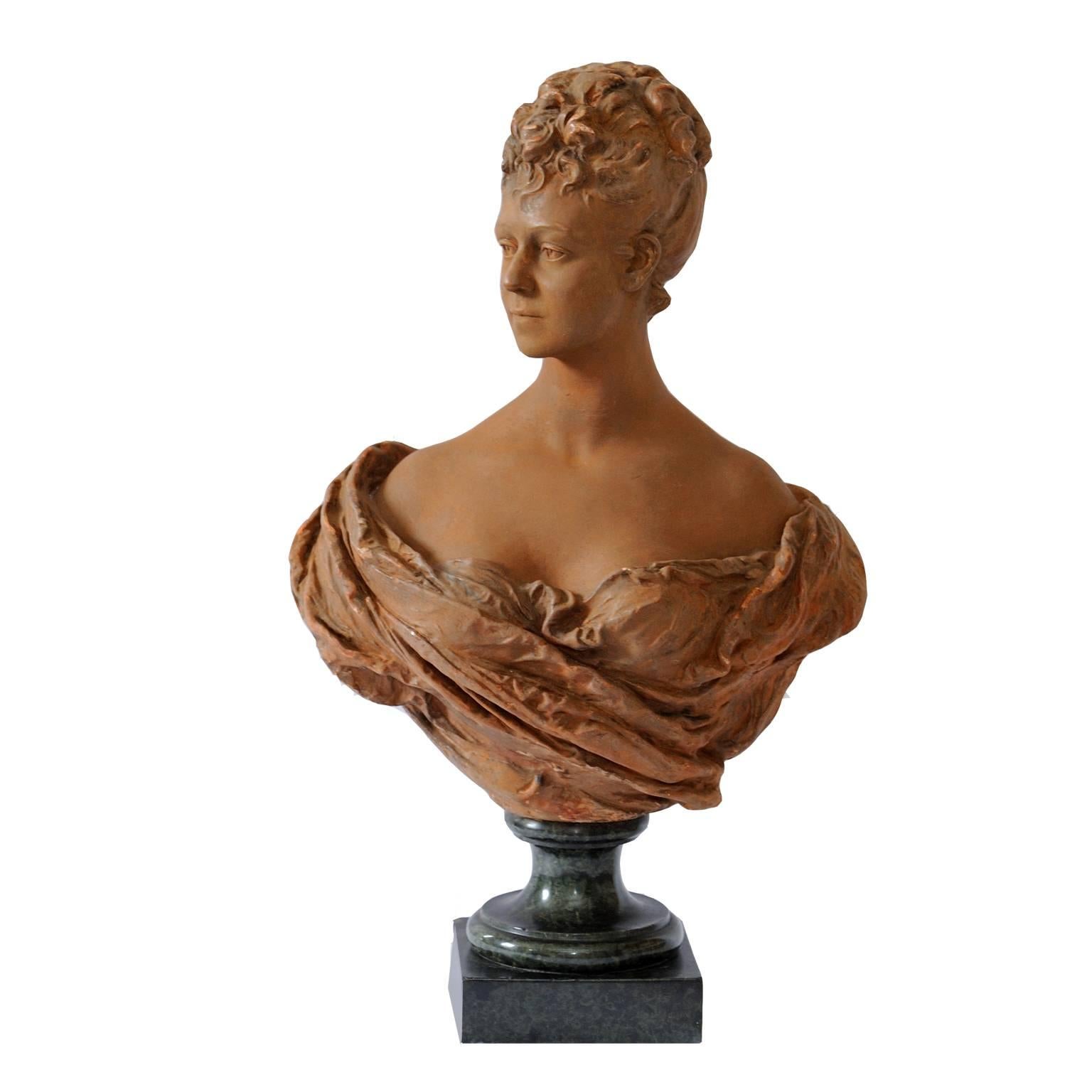 Fine French Terracotta Bust of a Young 18th Century Noble Woman, circa 1860 For Sale