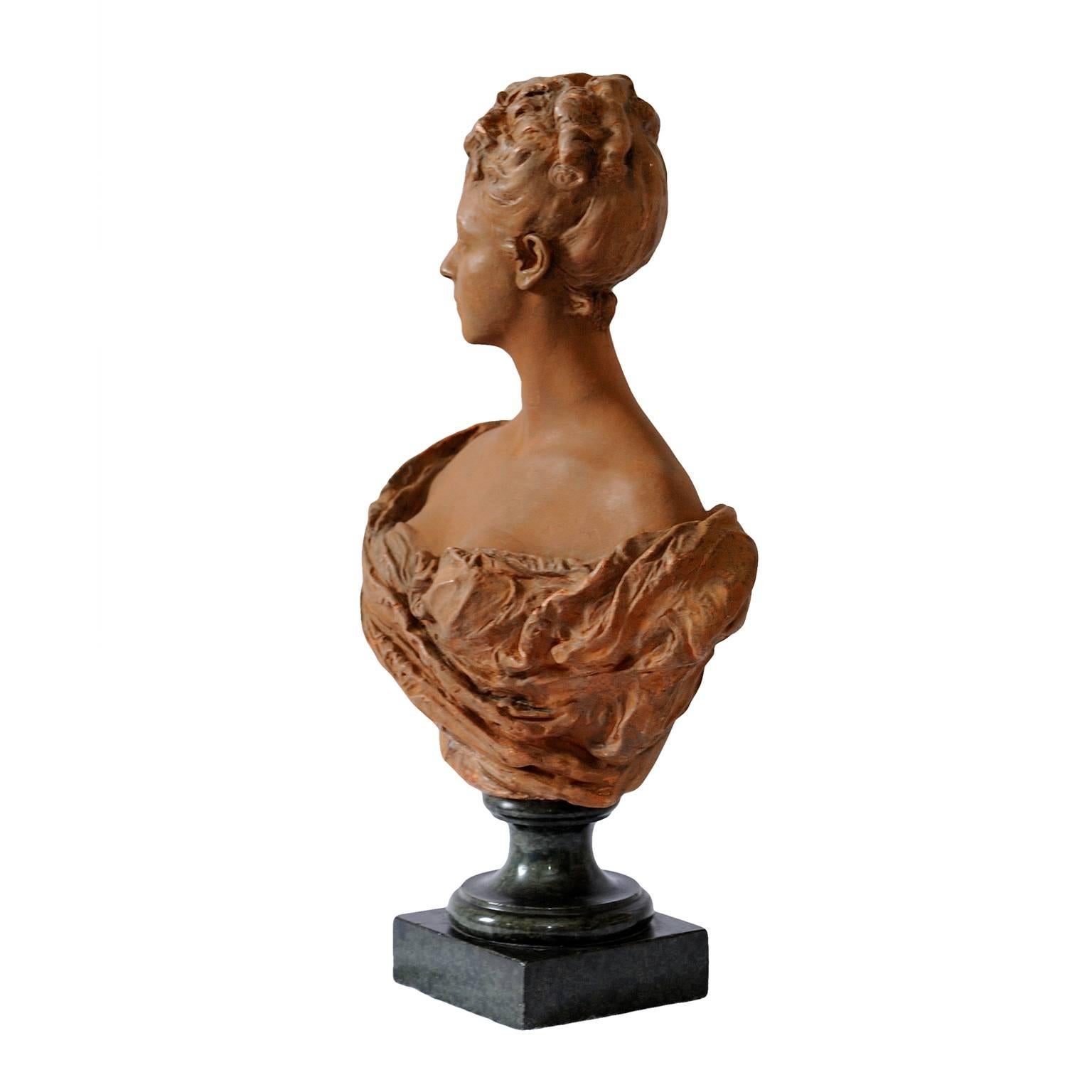 Polished Fine French Terracotta Bust of a Young 18th Century Noble Woman, circa 1860 For Sale