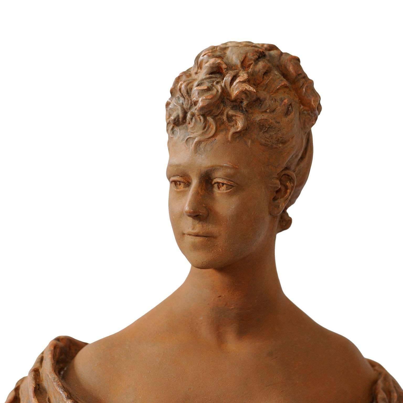 Mid-19th Century Fine French Terracotta Bust of a Young 18th Century Noble Woman, circa 1860 For Sale